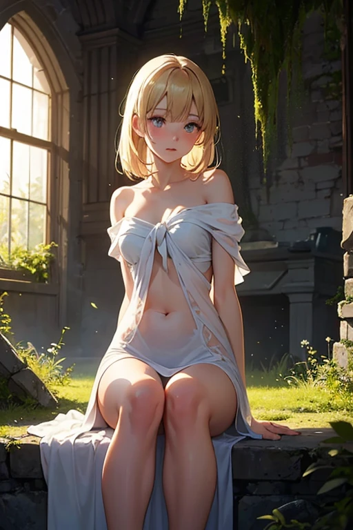 1girl, solo, tia, golden short hair, angel, looking at viewer, large breasts, cleavage, masterpiece, full body, best quality, nsfw, beauty, beautiful feets, forest, spring, flowery field