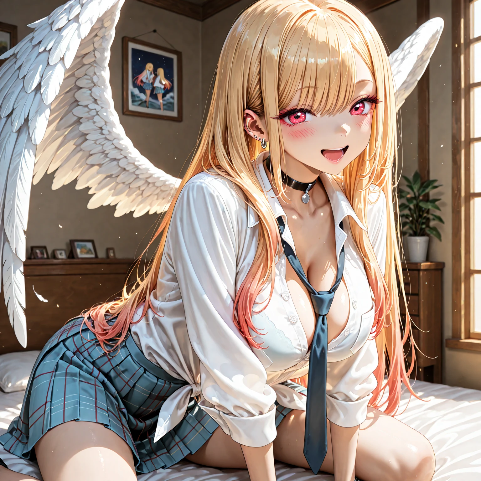 Beautiful red-haired woman with long, straight hair falling under her shoulder, wearing high school clothes, blouse with red tie and red mini skirt, black socks that go up to the knees and All Star sneakers, with angel wings, red makeup around the eyes making a drawing on the face, purple eyes, red lipstick, a mole on the left side of the mouth, perfect face, expression of shame, cute expression, perfect body, round chest, big ass, thick thighs, whole body, detailed scenery, detailed photo, masterpiece, 8k, raw photo, perfect lighting