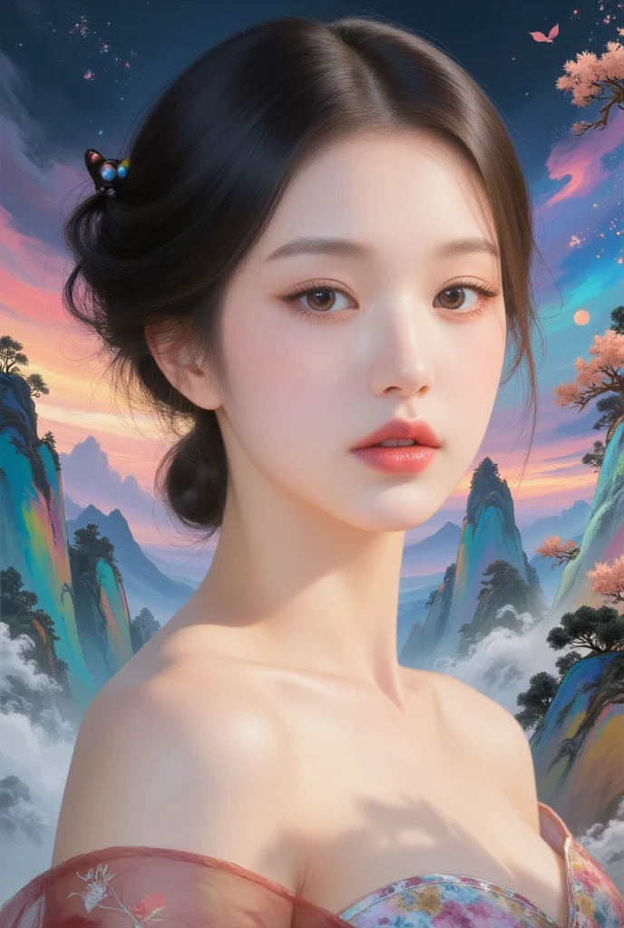 (masterpiece、Highest quality、Highest quality、Official Art、beautifully、beautiful:1.2)、(One Girl:1.3)、A kind smile、Very detailed、(big droopy、Saggy breasts、big saggy breasts:1.1)、(Floral:1.3)、Most detailed、(Tangled:1.2)、beautiful顔、Detailed face、Perfect Proportions、big 、big breasts and small waist、big Ass、Crotch gap、Thick and tight、(Dynamic pose)、(The high and steep mountains of Zhangjiajie々々々, China々Brushstrokes depicting a hazy landscape:1.3)、(China風の精巧な刺繍が施された小さな三角のマイクロビキニ:1.2)、(Glowing Skin)、(Garter Stockings)、(Earrings:1.4)、