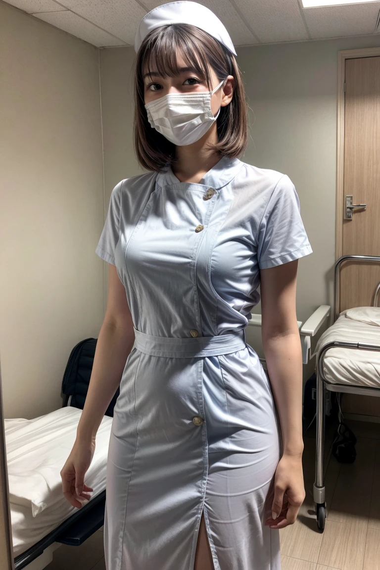 1 girl,(Wearing white nurse clothes:1.2),(RAW Photos, Highest quality), (Realistic, photo-Realistic:1.4), masterpiece, Very delicate and beautiful, Very detailed, 2k wallpaper, wonderful, finely, Very detailed CG unity 8k wallpaper, Very detailedな, High resolution, Soft Light, Beautiful detailed girl, Very detailed eyes and face, Beautiful and detailed nose, finely beautiful eyes, nurse, Perfect Anatomy, Black Hair, Upstyle, nurse uniform, ((mask)), Long skirt, nurse, White costume, thin, hospital, clear, White Uniform, hospital room, Neck auscultation,Bobcut