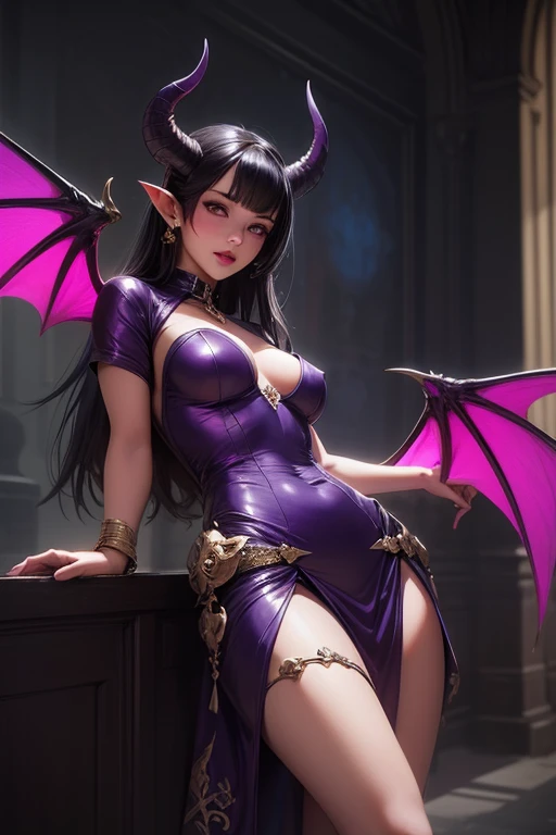 (masterpiece: 1.2, best quality), (1 loli, solo), huge breasts, (Dynamic posture), (shiny skin, purple skin), demon girl, thin and lacy gloves, ( small demonic horns:1.1), (Lilith \(Darkstalkers\)), (heaven), fringe, (jewelry, golden ornament:1.15 ), large pelvis, blue (pantyhose:1.1)