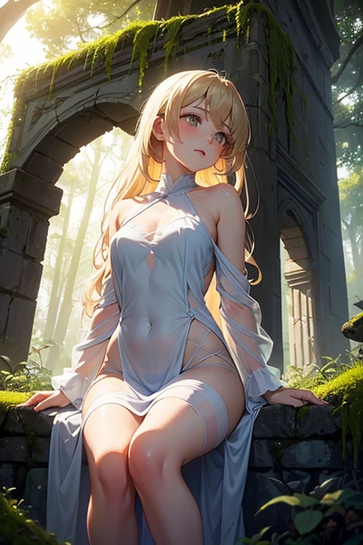 ancient ruins, pagan, snow mountain forest, bood stream, red water, joy, blond hair, cute, art by Zdzislaw Beksinski, art by H.R. Giger, golden lace and frills, cute, gold goth scifi clothes, pale white skin, a gold brown-toned tight outfit, sophisticated bracelets, covered in vines,