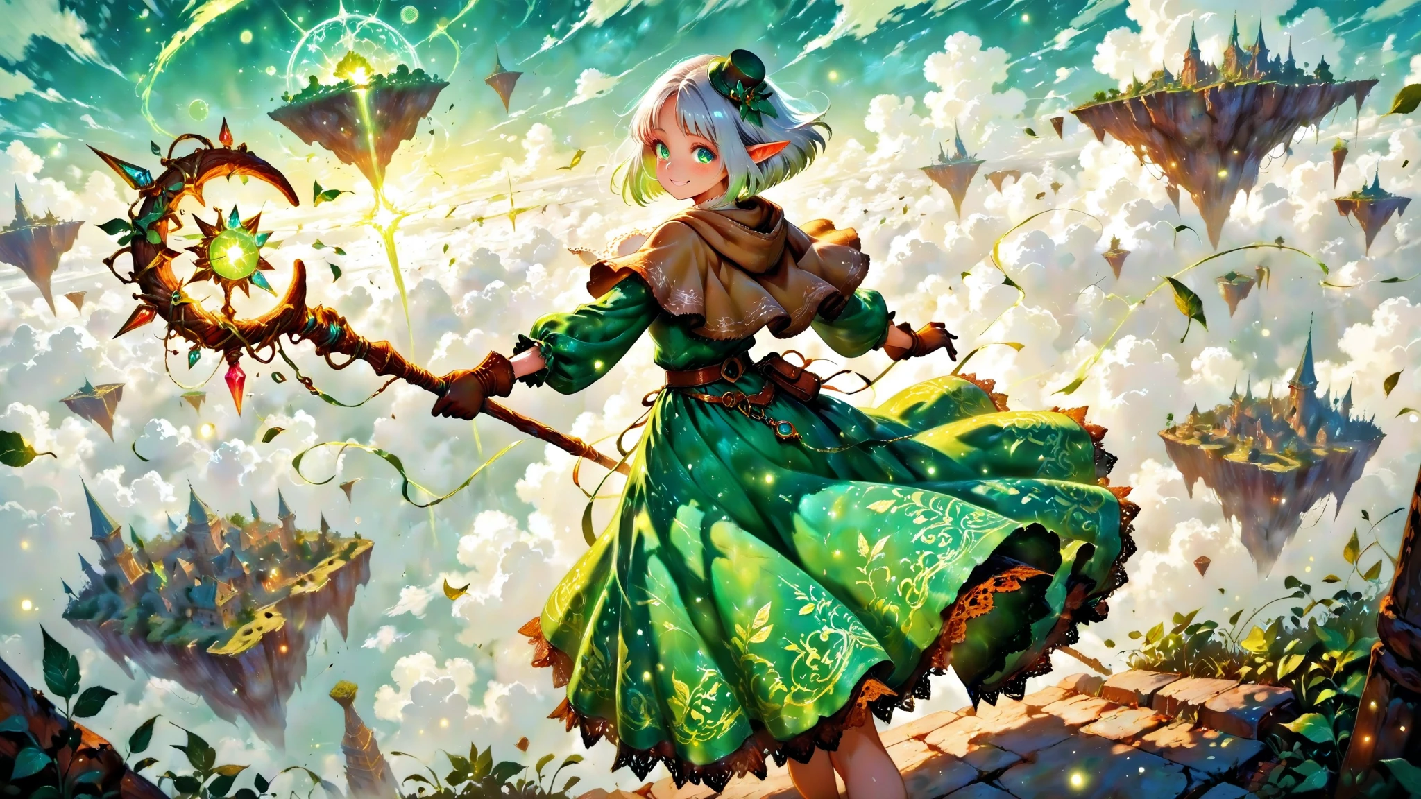 Score 9, Score 8+, Score 7+, UHD, Masterpiece, Incredible Quality, Very Beautiful, Absurd, Ultra-Detailed, Randolph Caldecott Style, 
1girl, (elf, silver bob cut: 1.3, mini hat, lace, Elaboration: 1.3, green leaf dress, ruffles, lace), (dynamic composition, standing with her waist bent to the side. She holds her hand over her forehead:1.2. Looking distance. The fabric and hair create beautiful flowing lines, and the soft magical particles and light glow surrounding her enhance the sense of movement and joy, Background with subtle fantasy elements to complement the green dress, soft gradient lighting, 
smiling face, brown capelet, brown gloves, bib, belt, hand holding long staff,  tip of wizard's staff glowing with particles and light, twisted_torso, back, 
Vivid colors, perfect anatomy, graceful and energetic pose, cinematic lighting with rim light highlights), break dynamic angle: 1.3, panoramic: 1.2, cinematic: 1.3, discovery and surprise, brilliant art style, immersive cinematic scene, from behind, low angle, break
An ancient city , floating island, sky, sea of ​​clouds:1.2, dragon flying in the distance, Fantasy background, Absurdly beautiful artistic backgrounds