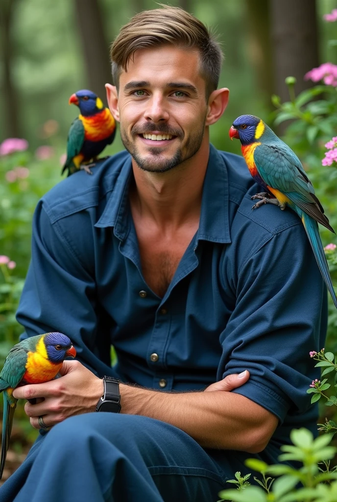 A young cute handsome skinny shirtless tall man with 3 parrot  