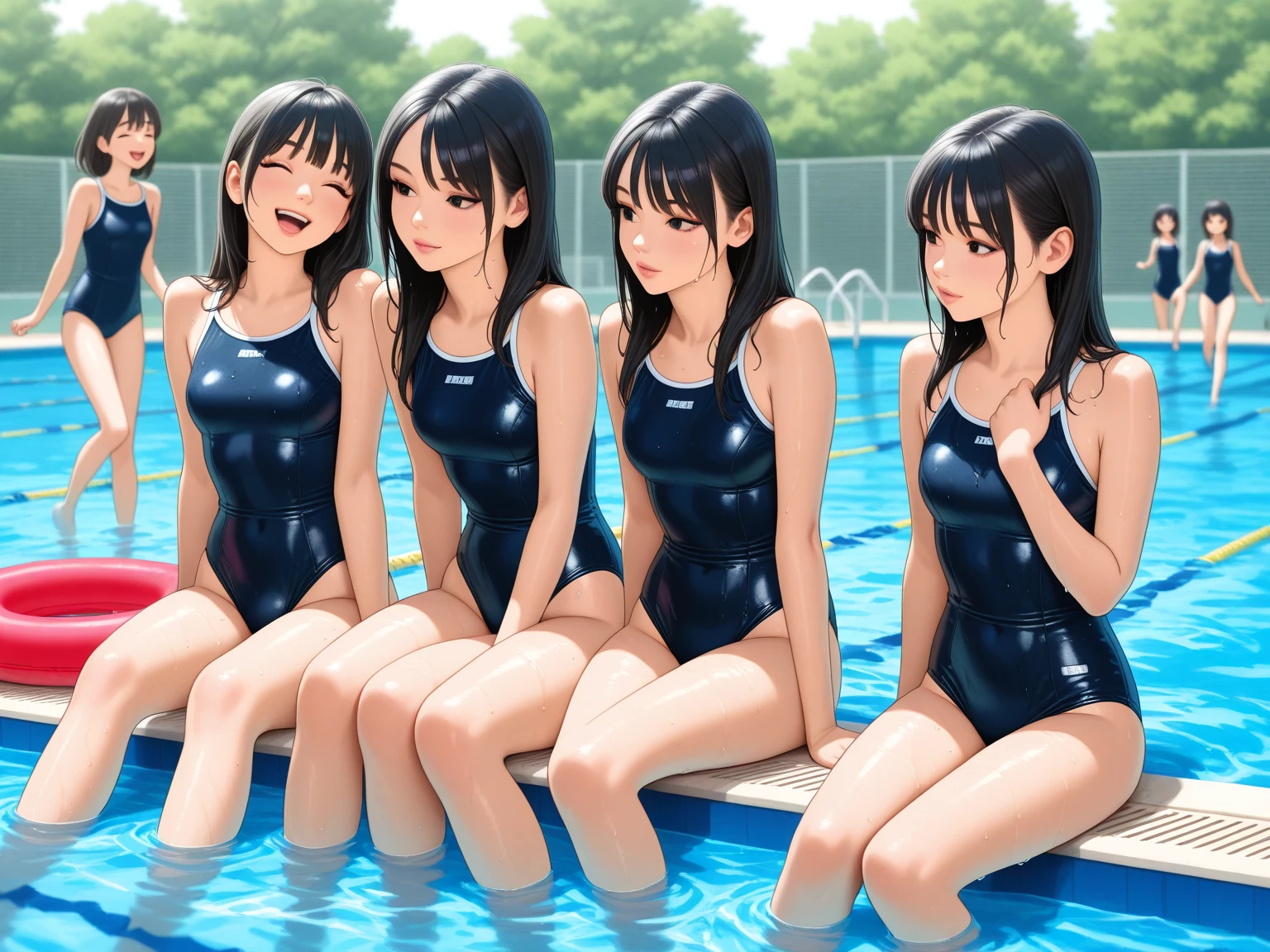 highest quality、High resolution、detailed background、masterpiece、cute10 year old beautiful girl、(5 women)、navy blue school swimsuit、brown hair、black hair、braided ponytail、Each has a cute braided hairstyle、(huge breasts:1.1)、realistic images、perfect body line、thick thighs、Show the whole body、detailed face、emphasize the chest、
(Five beautiful girls wearing school swimsuits are having fun playing around in the school pool.:1.5)、
playfully splashing water on each other、happy look、smiling、open your mouth and laugh、smile、sexual expression、Swimsuit that shines when wet、The whole body is wet、my hair is wet too、cute