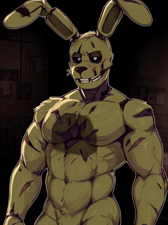 Springtrap FNAF / Five Nights at Freddy's, best quality, suspenders, sitting on a stool, large purple penis, large chest, muscles, large pecs, flexing, naked, crouch hair,
