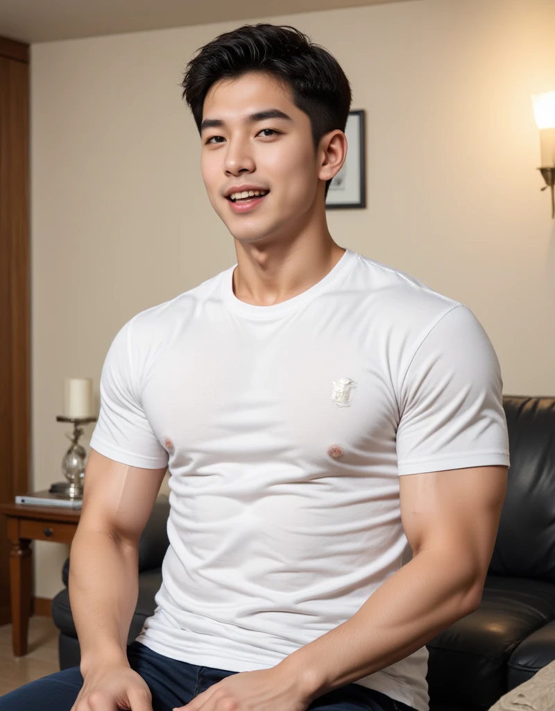 25 year old muscular Asian man, The face looks like that of an Indonesian artist., Bold and cool, Wear a tight white polo shirt., chest visible, Wear black trousers., ((in wonderland)), Pose, Photo model, Very high quality, Very high resolution,