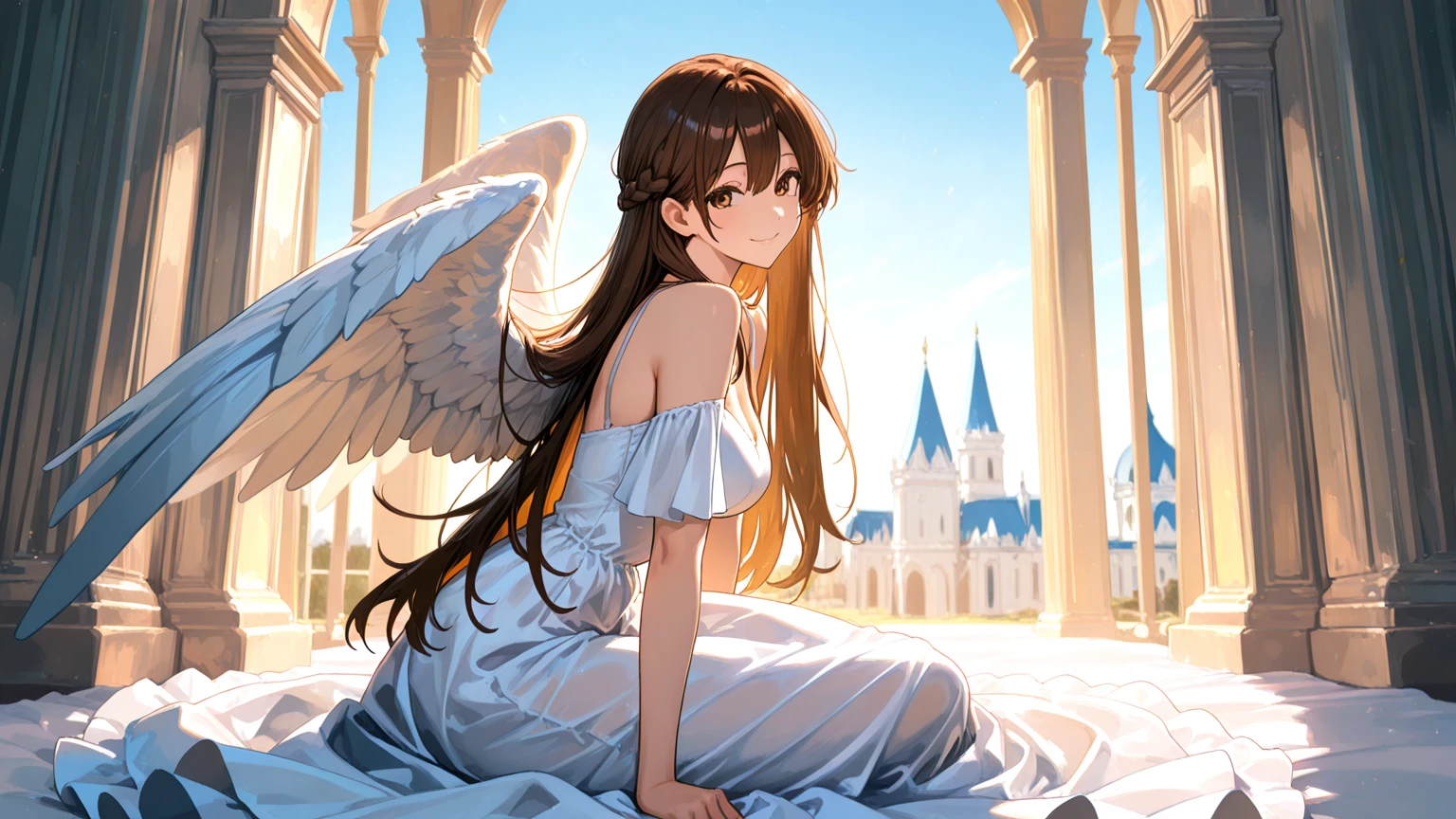 (masterpiece), best quality, high resolution, belldandy, long hair, blue eyes, brown hair,  mark, forehead mark, gloves, wings, choker, bracelet, ring, feathers, angel wings, view from side:0.6, (forrest:1.1), stand, 20 years old