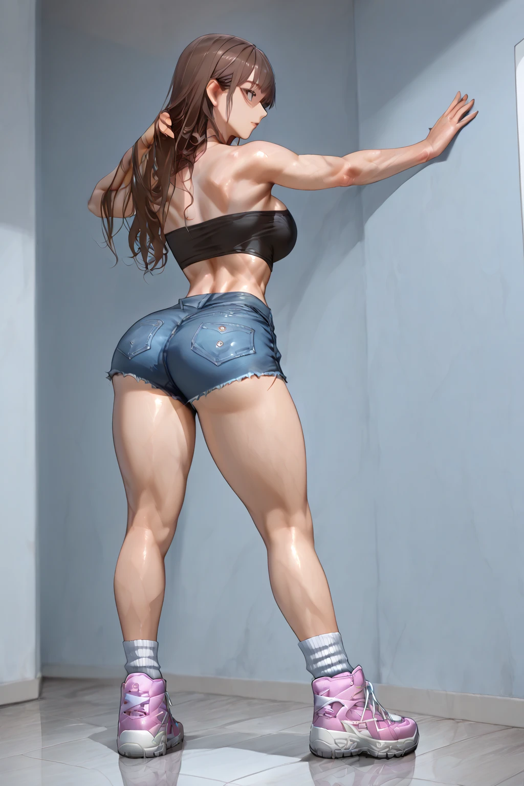 Fit babe, wide breasts, tiny tube-top, upper body turned towards viewer, side view, micro shorts, ass bulge, lower body turned to side, wide round ass, round ass cheeks, full body view, red heels, 