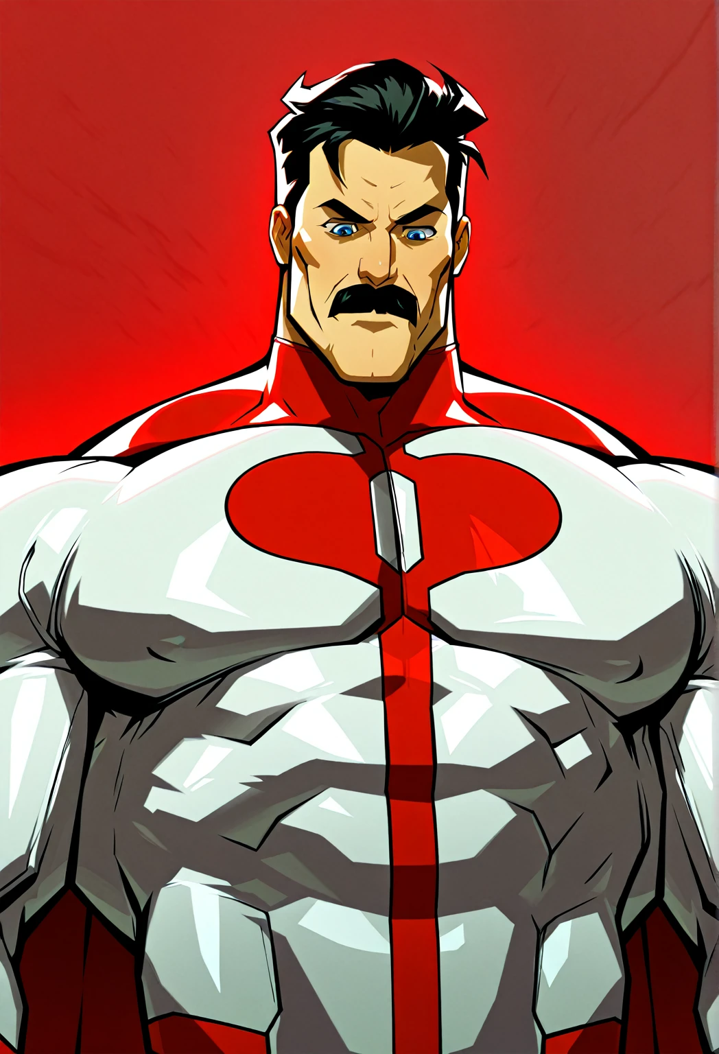 (masutepiece, Best Quality:1.2), Cowboy Shot, Solo, Male Focus, 1boy, Omniman, deadpan, Closed mouth, Looking at Viewer, thirn clothes (( bodysuit))、muscular guy, burly, hunk, Hot, big shoulders, musculature、(big chest)、 (hyperdetailed face)、nicebulge