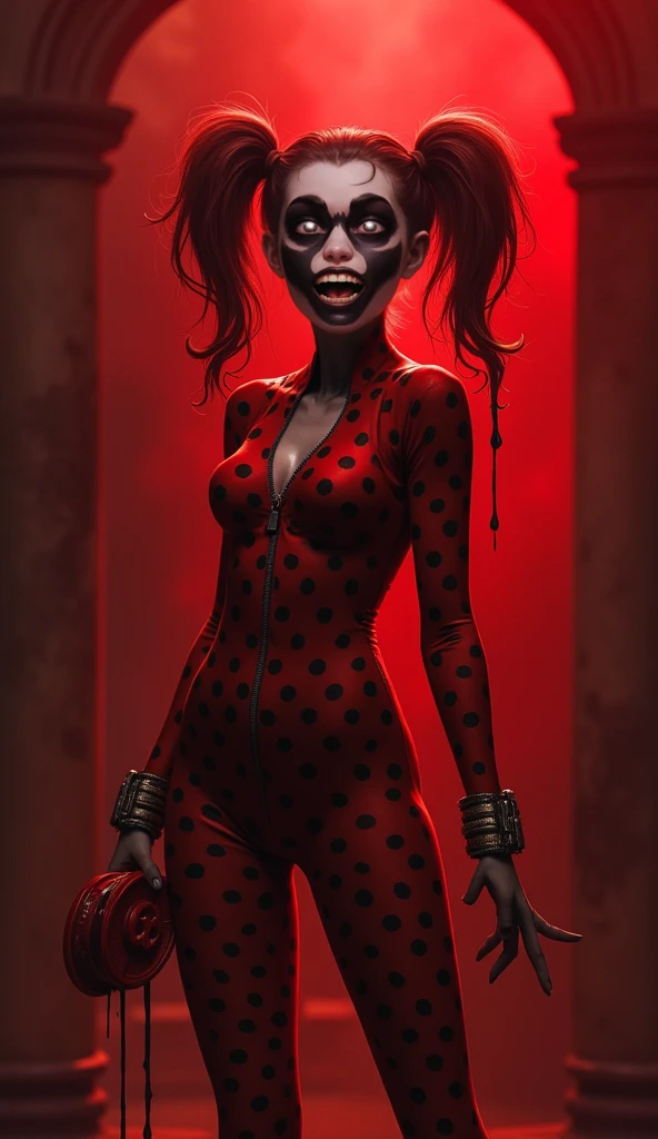 An ultra meticulously detailed retro comic, pop art style, exaggerated Ben-Day dots, colored pencil, hand drawn illustration portraying a portrait by Clyde Caldwell and Gil Elvgren of a gorgeous retro pin up, undead zombie girl in a short and cute retro cherry print sundress and cherry dangle earrings. Skin rotting and falling off of face, showing teeth and bone on the side where cheek-flesh used to be. Sunny cityscape background. Retro horror comic book art, perfect, smooth