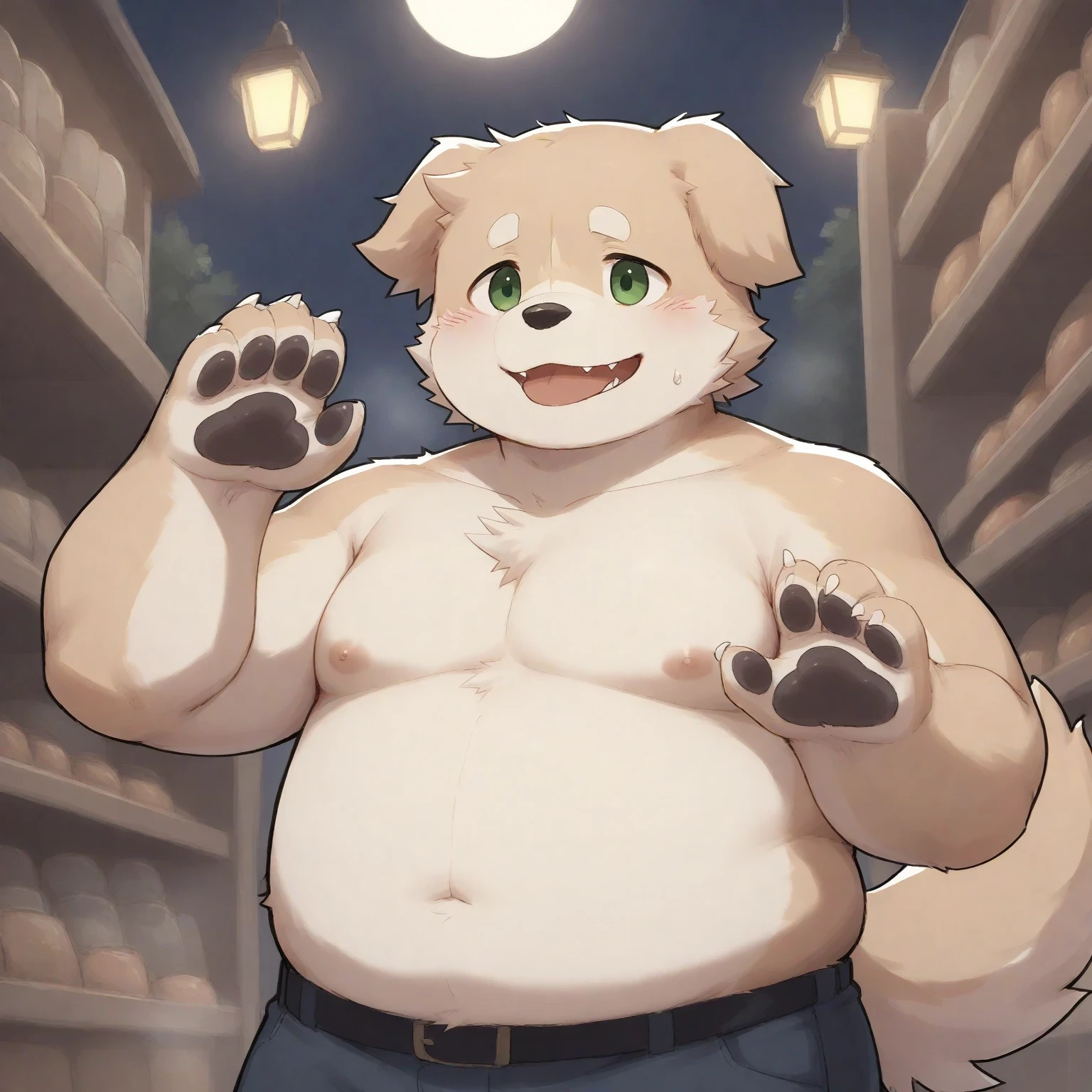 hi-res, good graphics, great anatomy, anatomically correct, detailed body, digital art, wolf, character design, body type: twink/underweight, wearing: nothing, background: supermarket, (artists: syuro, yupa, puggy), NSFW, balls, sheath, character info (age: 8, name: Kevin, fur color: brown and gray)