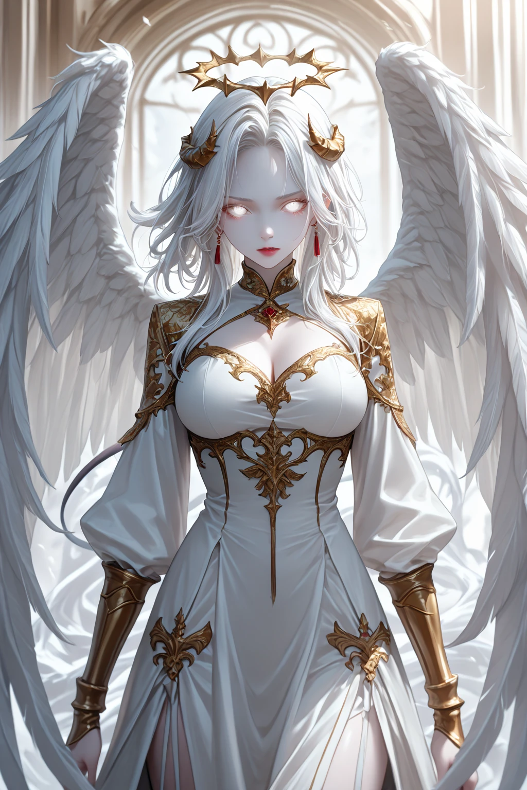 young intricate woman in a battle field with a majestic bow in her hand, beautiful woman, long white hair, white hair, bright silver eyes, , pale white skinned, , focused expression, ready for battle, wearing battle armor, with large white angle wings on her back, wide angle lens f/2.8, ultra insane high resolution intricate textures, texture indentation, perfect perspective, perfect geometry, ultra insane ambient lighting, ultra insane ambient shadows, wearing black and red colored clothes, luminism, ultra detailed busy background, tessellation, maximalism, perfectionism, IPA Award wining masterpiece, curvy figured woman. Full body.