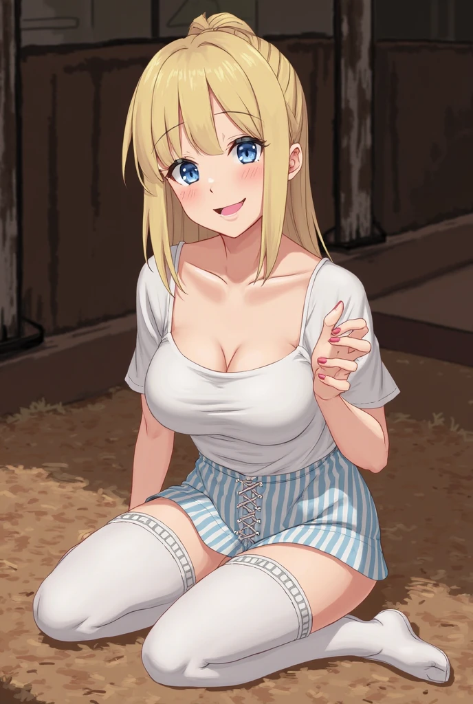 masterpiece, best quality, highres, lucy heartfilia, blonde hair, long hair, large breasts, white shirt, sleeveless, belt, blue skirt, cowboy shot, standing, looking at viewer, outdoors, waving, Face full of scars、Skin shiny with sweat、 injured scared girl、 crying wet bursting out eyes, real tears streaming down face, ultra-detailed eyes,bandaid on face,covered with mud,expression of despair,Illumination that emphasizes shiny sweat{{{Spread }}},(crotch rope walking:1.0), open mouth,