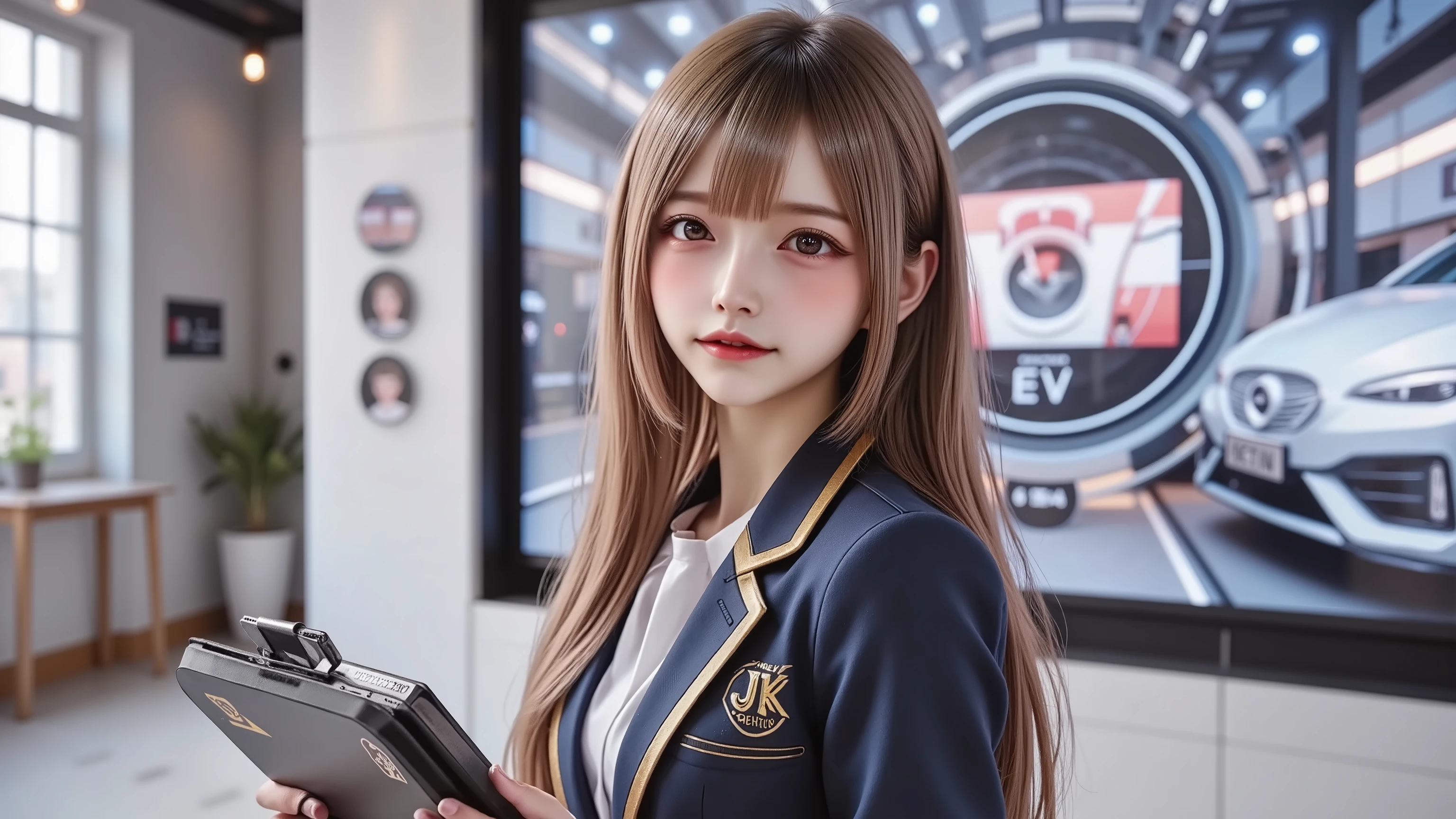 realistic promotional model with long straight hair, dressed in a JK-inspired uniform with custom company colors, navy mini skirt, gold-trimmed blazer, branded clipboard in hand, in front of a high-tech EV display