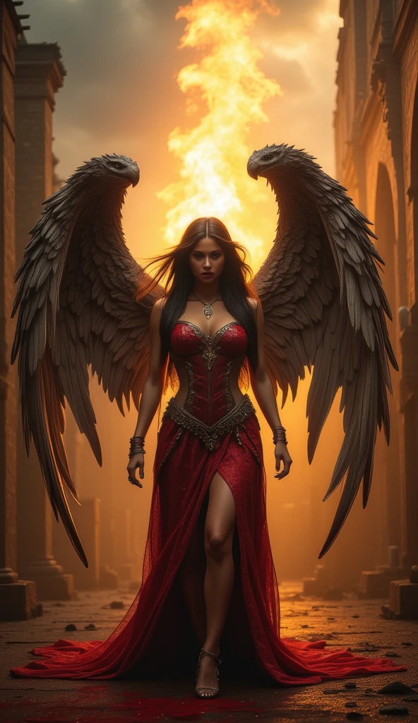 ultra-sharp, Ultra-detailed full-body photography Captures the essence of real life.. (((An attractive and seductive sexy naked tattooed angel woman with huge wings.))) con cabello largo y suelto, usando una bata transparente, vestido corto rojo, dulce sonrisa, floating in the air with hands together in prayer. piel ultradefinida y ultradetallada. Pose atractiva y provocativa. The photograph must be taken in a natural environment with soft, diffused lighting to create a heavenly atmosphere. emplear un (((Teleobjetivo medio de 50 mm))) Lens for a focused and intimate perspective... Enfatice la luz natural para resaltar la gracia y la serenidad de la figura angelical en este momento divino...