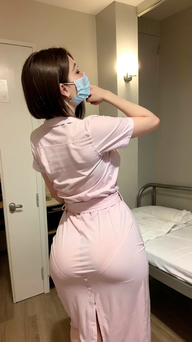 1 girl,(Wearing white nurse clothes:1.2),(RAW Photos, highest quality), (Realistic, photo-Realistic:1.4), masterpiece, Very delicate and beautiful, Very detailed, 2k wallpaper, wonderful, finely, Very detailed CG unity 8k wallpaper, Very detailed, High resolution, Soft Light, Beautiful detailed girl, Very detailed eyes and face, Beautiful and detailed nose, finely beautiful eyes, nurse, Perfect Anatomy, Black Hair, Upstyle, nurse uniform, ((mask)), Long skirt, nurse, Pink outfit, thin, hospital, clear, White Uniform, hospital room, Neck auscultation,Bobcut、Back view、((Stick out your buttocks))