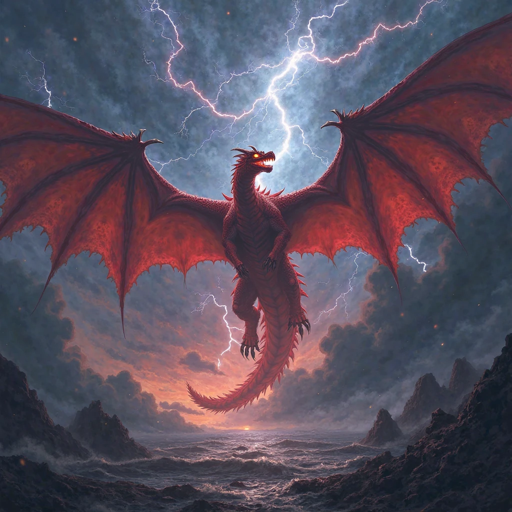 masterpiece, high quality, intricate details, cinematic photo a red dragon flying under the clouds, rain, lightning, storm low-shot long-neck motion blur . 35mm photograph, film, bokeh, professional, 4k, highly detailed, highly detailed high saturation