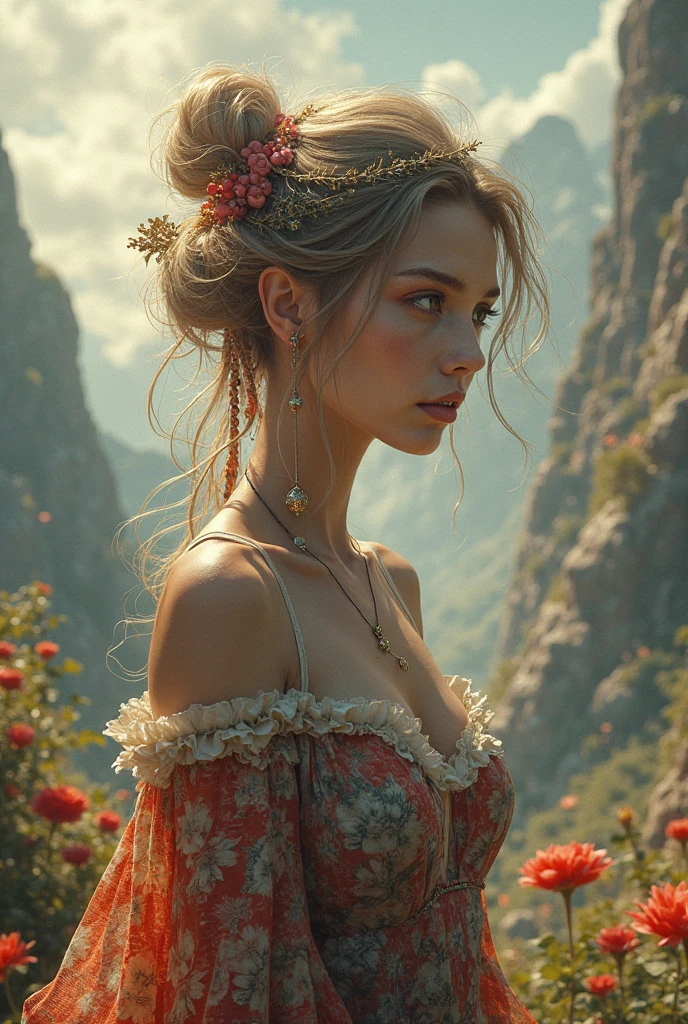(masterpiece), (best quality), ((ultra-detailed)), (hyperrealistic), (highly detailed photo), cinematic lighting, photorealistic, extremely beautiful young lady in European countryside, intricate detailed white dress, shining, gloss, crisp, flirty, epic, focus, high contrast, artistic