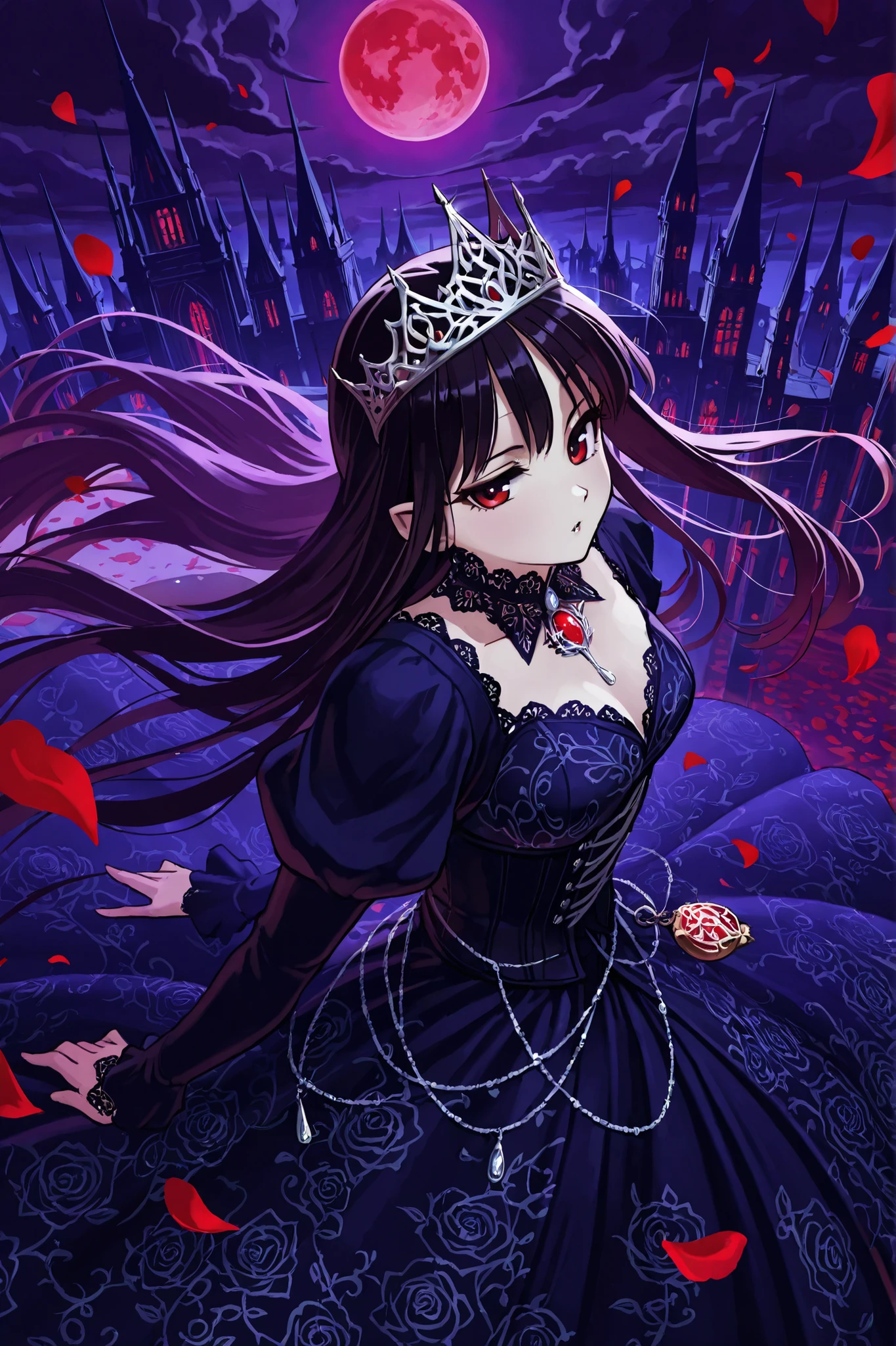 high quality, masterpiece, best quality, elegant vampire queen, flowing wild flower pattern dress, ethereal floating pose, moonlit night sky, massive blood moon illumination, dark purple storm clouds swirling below, gothic architecture spires in distance, intricate lace details, pale luminous skin, alluring red eyes, long flowing dark hair with silver highlights, ornate silver jewelry, dramatic lighting from above, mystical aura, baroque design elements, detailed fabric texture, face front view, seductive expression, dark fantasy atmosphere, floating rose petals, wisps of mist, detailed Victorian corset, dramatic wind effects, charm spell particles, gothic crown, detailed jewelry, atmospheric perspective