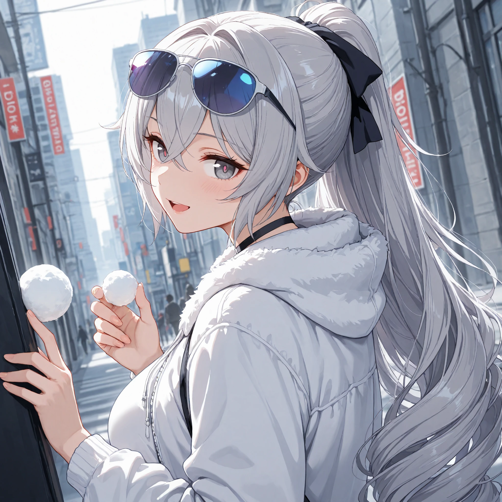 On the rainy playground, mature woman with umbrella above her head, the background is the campus, blue denim leggings, delicate  features, light blue eyes, masterpiece superb night moon full moon 1 female mature woman Chinese sister royal sister cold face showing silver white long hair woman light pink lips calm intellectual three banded gray elementary school student assassin lantern lantern flower ball background strolling street scene, long hair shawl,