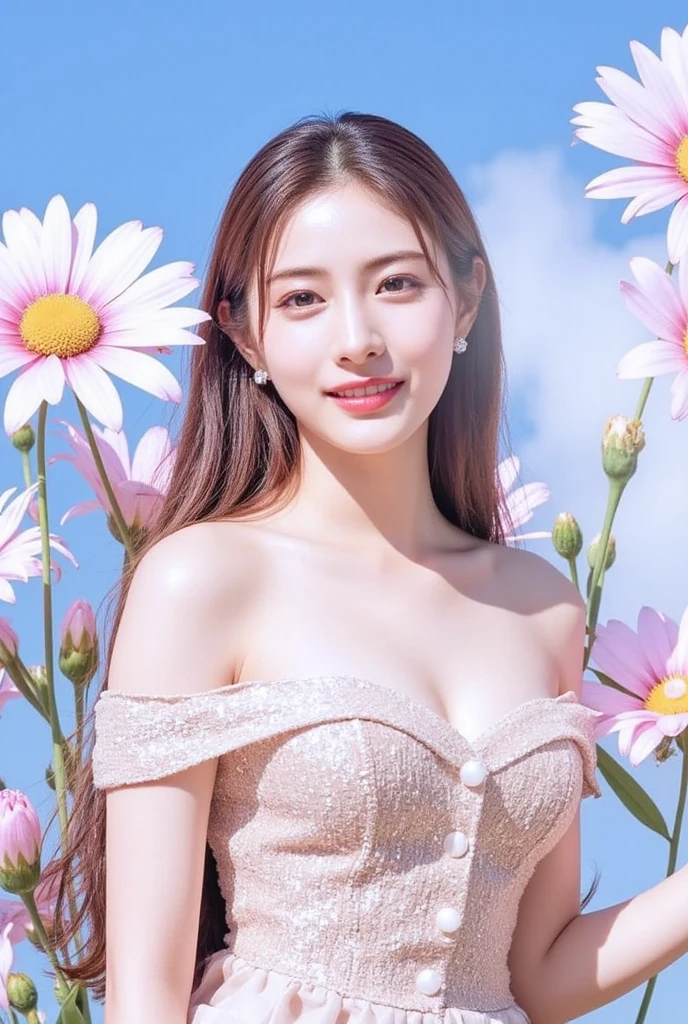 Tzuyu 1, woman, (Realistic), (Hyperrealism), (photoRealistic), Written boundary depth, eye make up:0.7 (whole body:1.8), (Large Bust),(Tight waist), Observe the audience,At the flower garden, Fashion Model, A sexy dress with open shoulders and neckline
