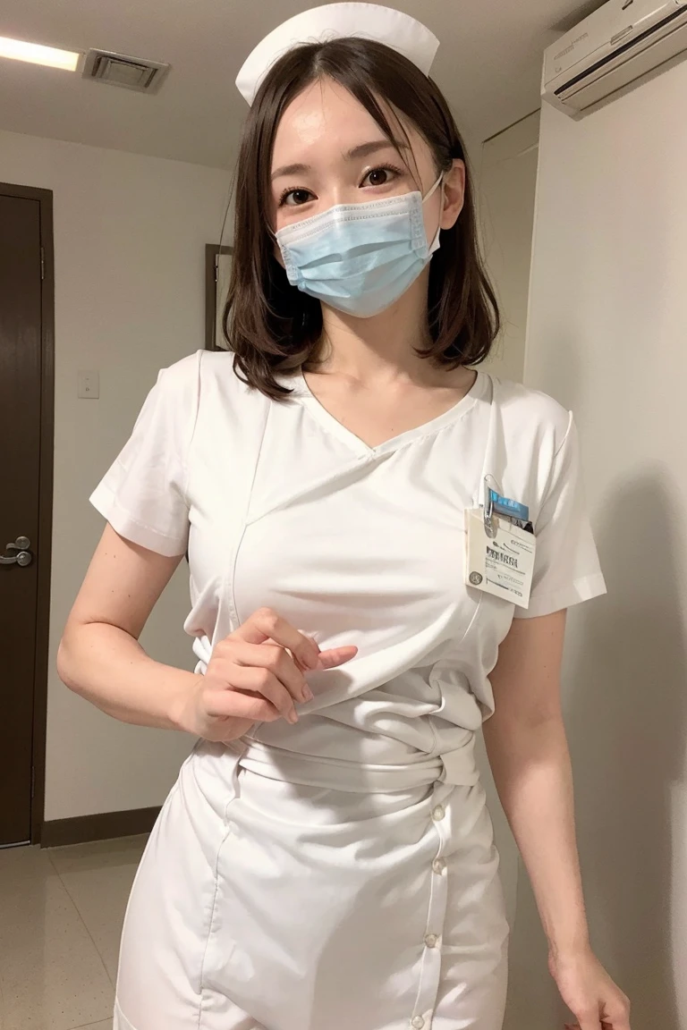 1 Girl,(Wearing white nurse clothes:1.2),(RAW Photos, Highest quality), (Realistic, photo-Realistic:1.4), masterpiece, Very delicate and beautiful, Very detailed, 2k wallpaper, wonderful, finely, Very detailed CG unity 8k wallpaper, Very detailedな, High resolution, Soft Light, Beautiful detailed girl, Very detailed eyes and face, Beautiful and detailed nose, finely beautiful eyes, nurse, Perfect Anatomy, Black Hair, Upstyle, nurse uniform, ((mask)), Long skirt, nurse, White costume, thin, hospital, clear, White Uniform, hospital room, Neck auscultation,Bobcut、Flip up the skirt、20th Generation