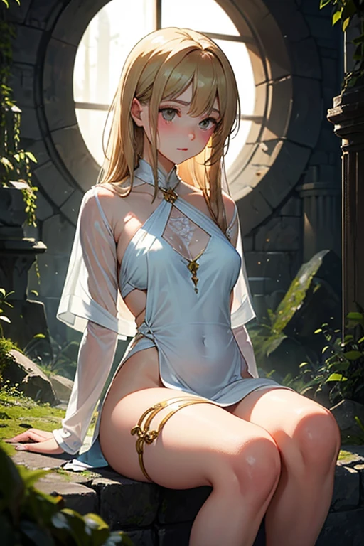 queen of light,Detailed face,Beautiful Eyes, Wearing a see-through dress, The background is amazing, garden, dome, Colorful flowers, Magical atmosphere, Unusual architecture, Sunlight shining through stained glass, Flying Butterfly, Sparkling Fountain, Lush greenery, Bright colors, Surreal Landscape [highest quality, High resolution], Dreamy landscape, Mysterious Beauty, Soft lighting, Enchanting atmosphere, Elf Woman,blonde,Turbaned,