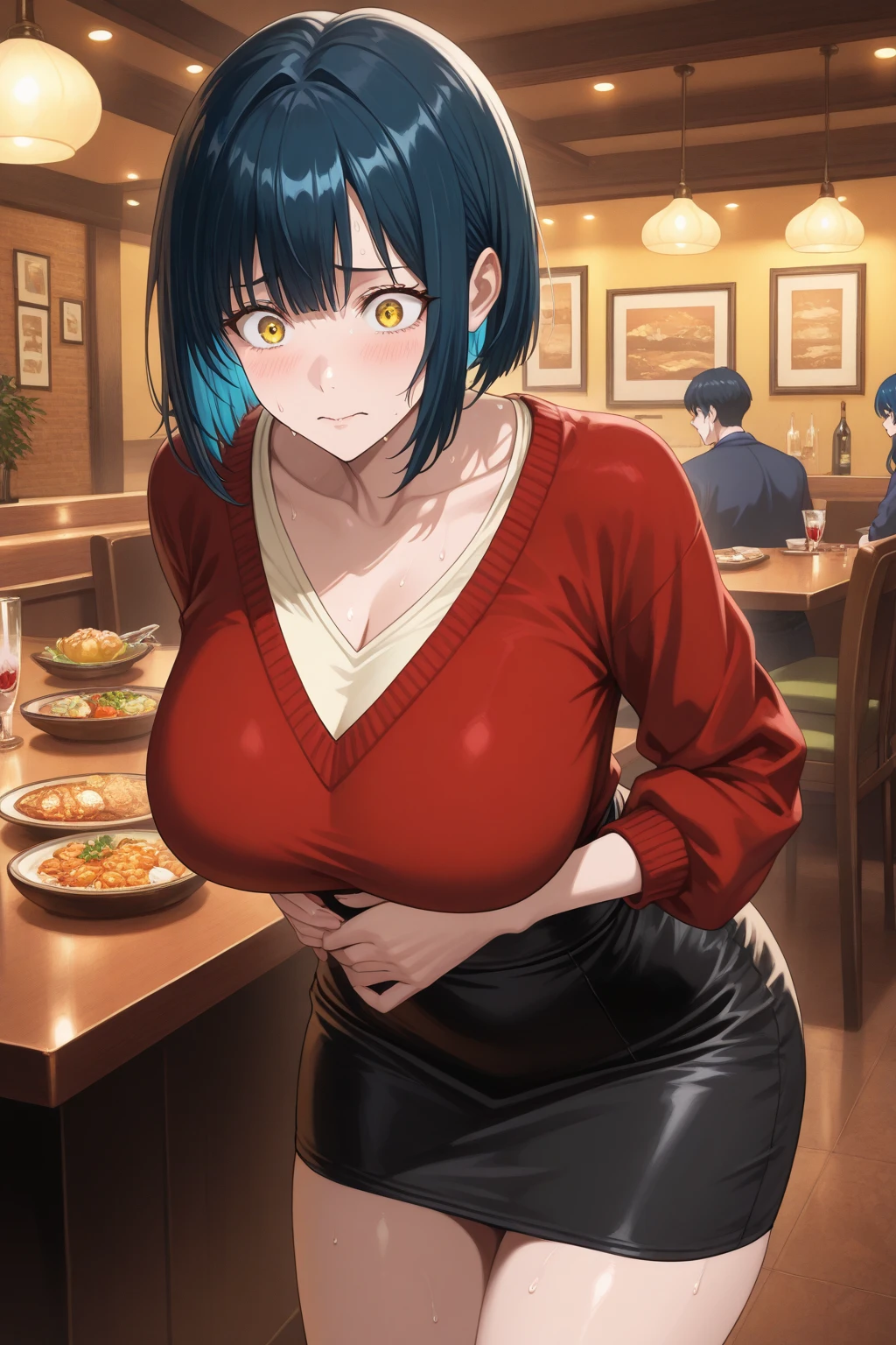 Anime, 2d anime, cartoon anime, detailed illustration, dynamic angle, ultra-detailed, illustration, 1girl, late 20’s year old, dark, night, sitting down in a fancy restaurant, eating dinner at a nice table, nighttime, Big woman, nervous, in tight clothes, embarrassed to be seen, very shy, very tall, broad shoulders, silky long black hair, muscular, tone body, sitting in a high end restaurant, date night, eating at night time, romantic dinner, subtle smile, avoiding eye contact, blushing, black dress, sweater dress, boob window showing ample cleavage, looking down, nipples poking fabric of dress 