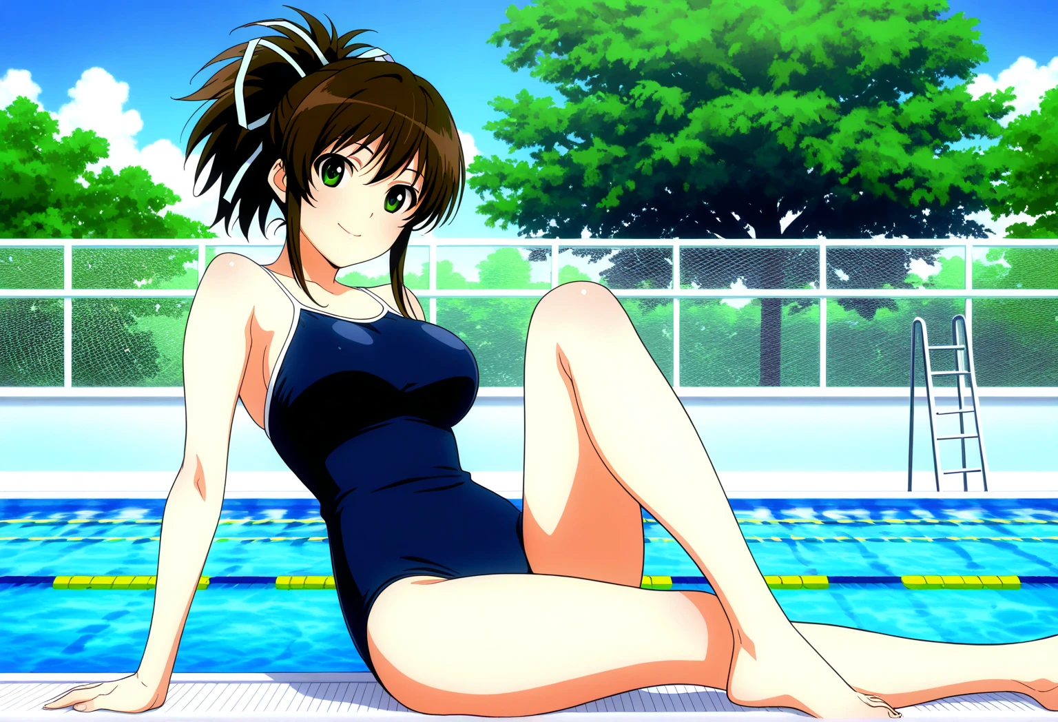 1girl, solo, swimsuit, one-piece swimsuit, hair ornament, tongue out, large breasts, black one-piece swimsuit, looking at viewer, tongue, blush, bare shoulders, covered navel, sitting, poolside, pool, thighs, highleg swimsuit, sidelocks, collarbone, water, smile, leaf hair ornament, highleg, competition swimsuit, hand on own chest, tree, :p  <lora:ramiyaryou1:1>