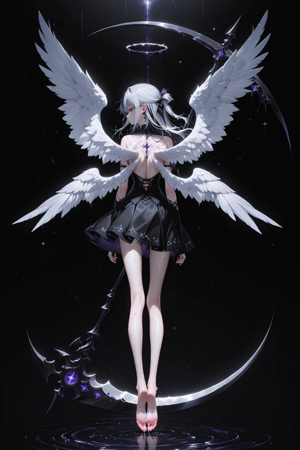 ((best quality)), ((masterpiece)), (detailed), 1girl, off-shoulder, Character design, female, dynamic poses, long white grey hair, grey white eyes, very skinny, detailed, best quality, no accesoires around the neck, no shoes, prominent collarbones, skinny arms, flat stomach, visible hip bones, full body, blank white background, plain background, white background, red and white clothing, Bloodborne inspired, occult aesthetic, occult, detailed and intricate steampunk and detailed gothic, NSFW, Very dramatic and cinematic lighting, cosmic horror, grim-dark, side-lighting, perfect face, NSFW, Fluttering lace flared long knee length dress with frilly petticoats, knee length dress, pleated petticoats, petticoats gothic, complex lace boots, side-lighting, gothic lolita aesthetic, wielding a mighty sword with mechanical components, mandalas, small breasts, a fairy, various different types of insect wings, NSFW, full body, whole body, body, plain background, white background, blank background, no background, white background NSFW, chains, full body, whole body, head-to-toe NSFW