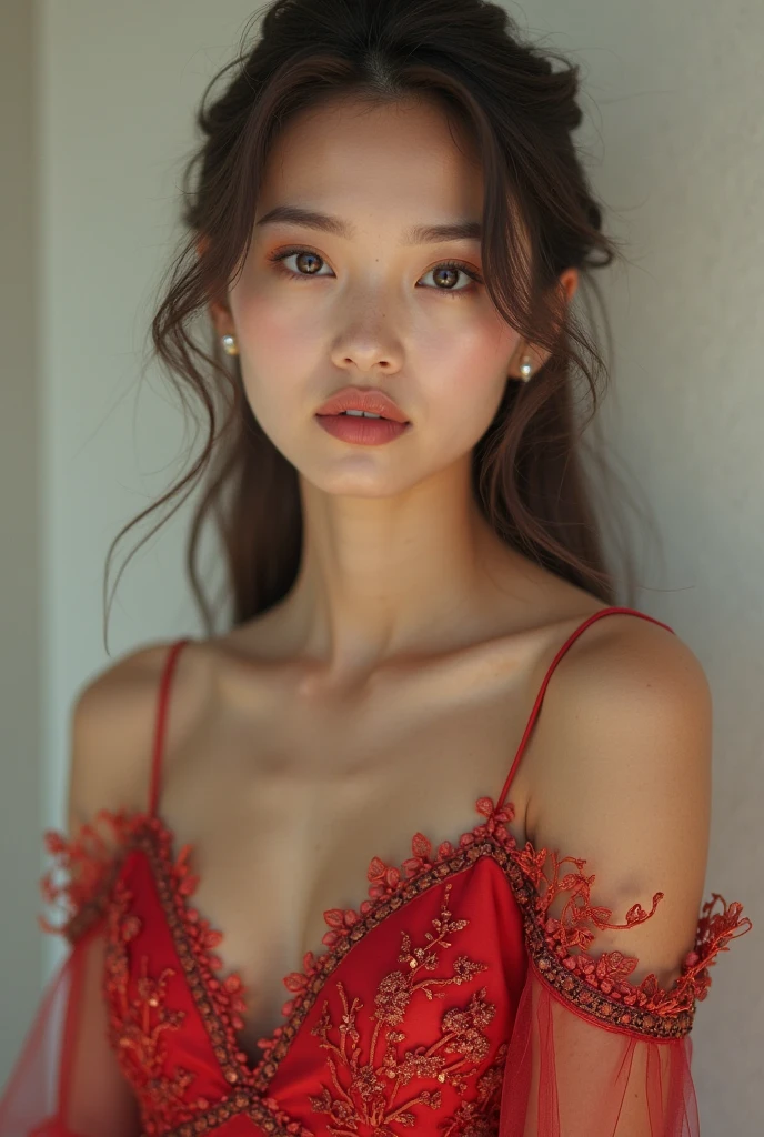 Beautiful realistic woman, detailed face, crystal clear amber eyes, red lipstick, flowing brown hair, dry red flower in her hair, delicate earrings and necklace, bright floral satin red dress, low cut, with exposed shoulders, sensation of movement, strong lighting dark, house background made of old material, (((flowers in the window and blurred garden))), bokeh, alcohol ink, a masterpiece.