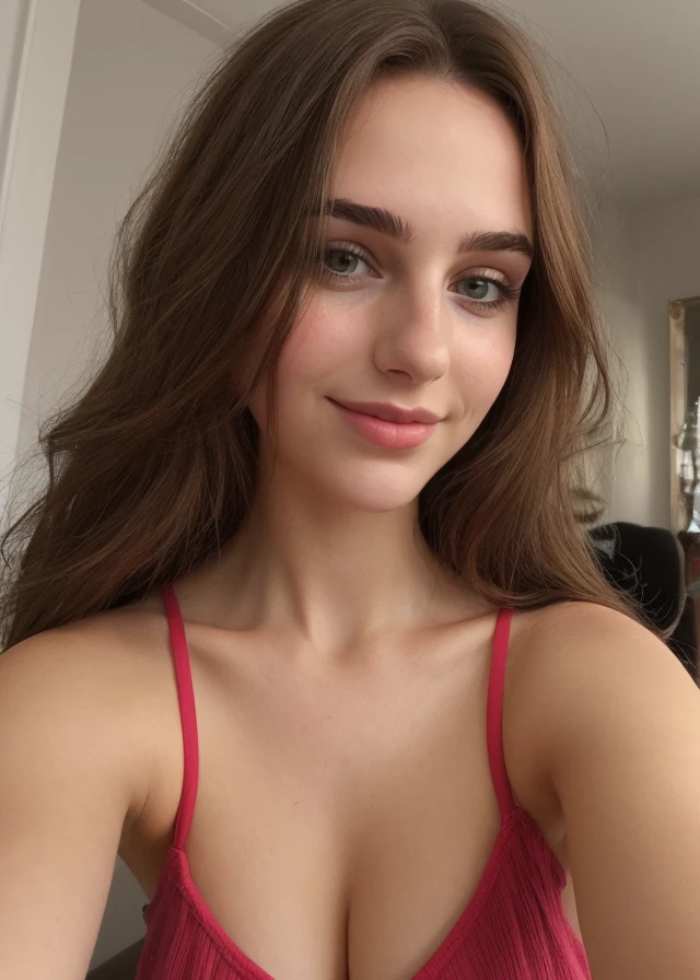 A 17-year-old brunette girl, ((seductive gaze)), ((hiperrealismo)), brunette hair with subtle highlights. cabello castaño, Hair with subtle highlights, cabello largo, cabello muy largo, really long hair, Beautiful, Front view, selfie, photo taken with Canon, red blouse with V-neck, blusa roja, selfie in the living room, high quality, selfie Canon, cleavage highlighted.
((qualidade excepcional)), ((obra-prima)), ((true to reality)), Inspired by Emma Watson, ((pose seductora)), short, Imagem centralizada, foco