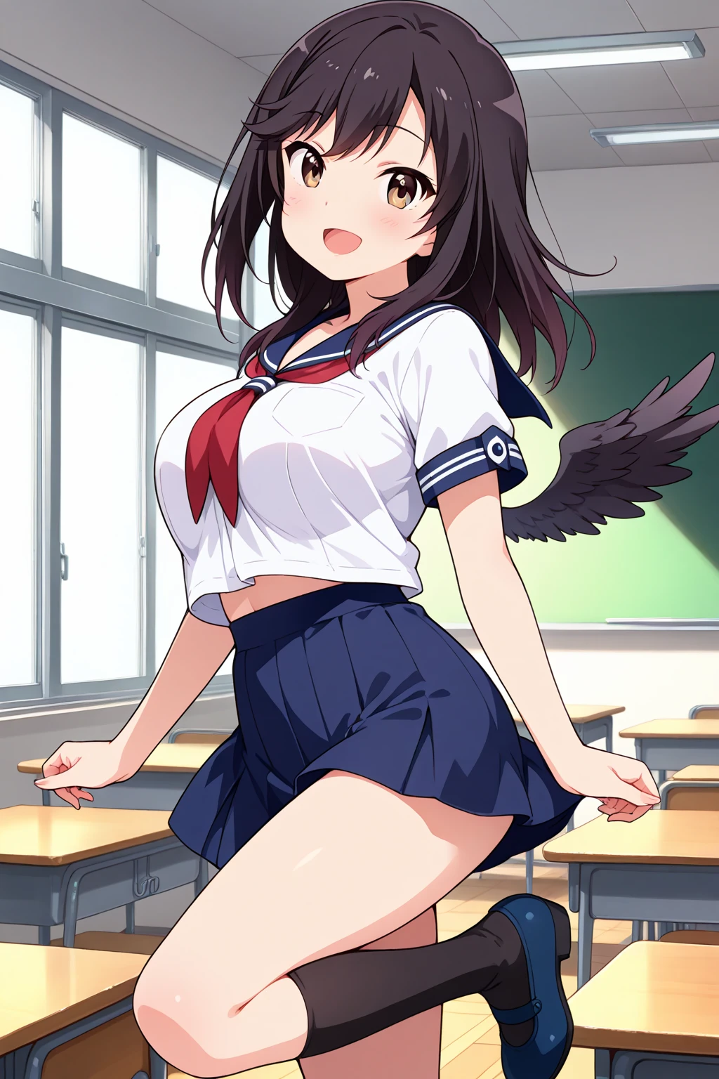(((((whole body)))))、Utsuho、Green pleated skirt、smile,、Cowboy Shot、 standing on one leg ,leg_lift,panties,standing_split、