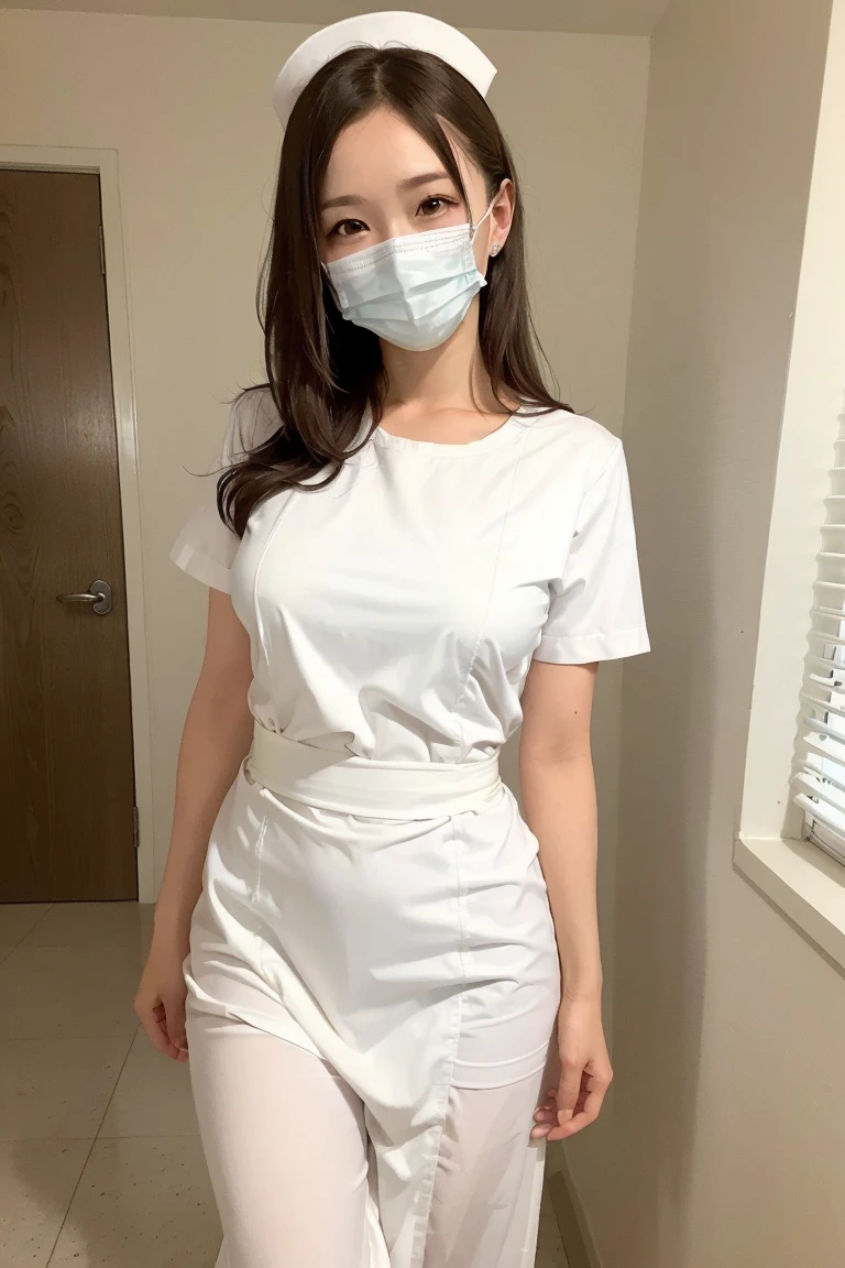 Gravure idol pose　Hotel　bed　uniform　White clothes　high resolution　Not too small bust　Black Mini Skirt　Shorten your skirt. Height 153cm　Wearing a mask