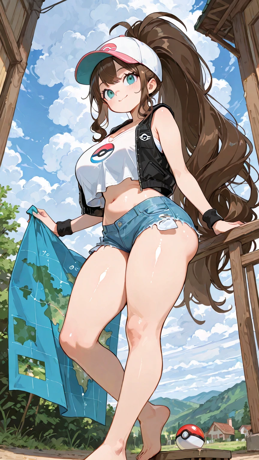 ((Melhor qualidade)), ((altamente detalhado)), rosto detalhado, rosto bonito, , (1 garota), Sozinho, dynamic pose, corpo todo, ((plano amplo)), hilda (Pokémon), rabo de cavalo, bloqueios laterais, olhos azuis, quadris largos, sorridente, boné de baseball, camisa branca, vest, sem mangas, shorts, pulseira, (ao ar livre, em uma cachoeira, alvorecer, hurricane), thunder thighs, fat thighs, big breasts, mommy breasts, fat girl