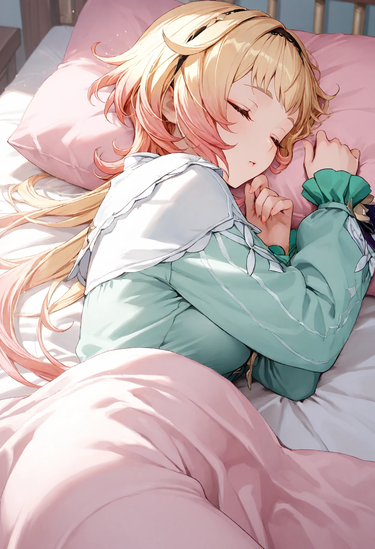 Japanese animation style, adult elf woman sleeping face down on a large bed, she is wearing elegant silk pajamas, relaxed expression, long loosely wavy blonde hair, sleeping with her pet dog, the dog is curled up on her and sleeping, morning soft light pours in, calm atmosphere, detailed and clear drawing, warm and gentle color
(Highest quality, 8K quality, Masterpiece: 1.3, High resolution, Tabletop: 1.2, ), Full body Esbian: 1.3, (Well-groomed hair), Beautiful face, (Young gravure idol,), (Perfect face down to the smallest detail), Normal hands: 1.5, Normal fingers: 1:5, Normal legs: 1.5