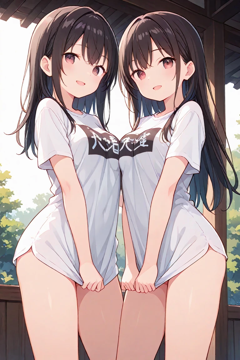 realistically, 2 girls, twintail, brown eyes, glowing eyes, white short skirt, Blush, daytime, Wet from the rain, see through, nipples, Sit with your knees raised., armpit, pussy, 16 years old, crotch, upskirt,