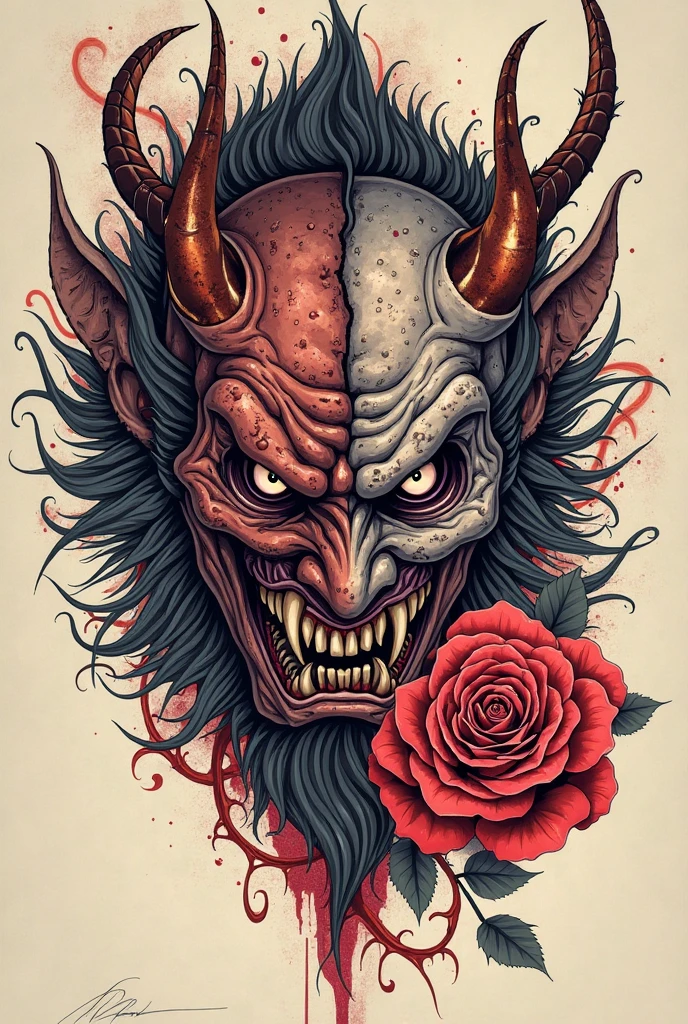 Create a tattoo design with an oni mask and flowers for the full back and buttocks, dark style
