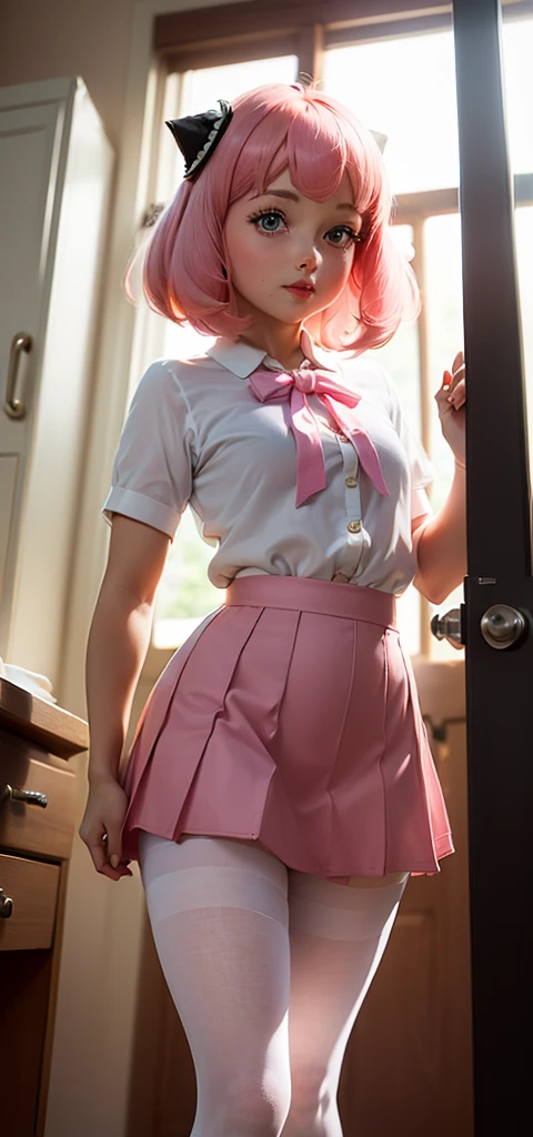a one woman, pink  hair, standing backwards, big-ass, looking back, raised skirt, witheout panties, super detaill, high resolution, 8k 
