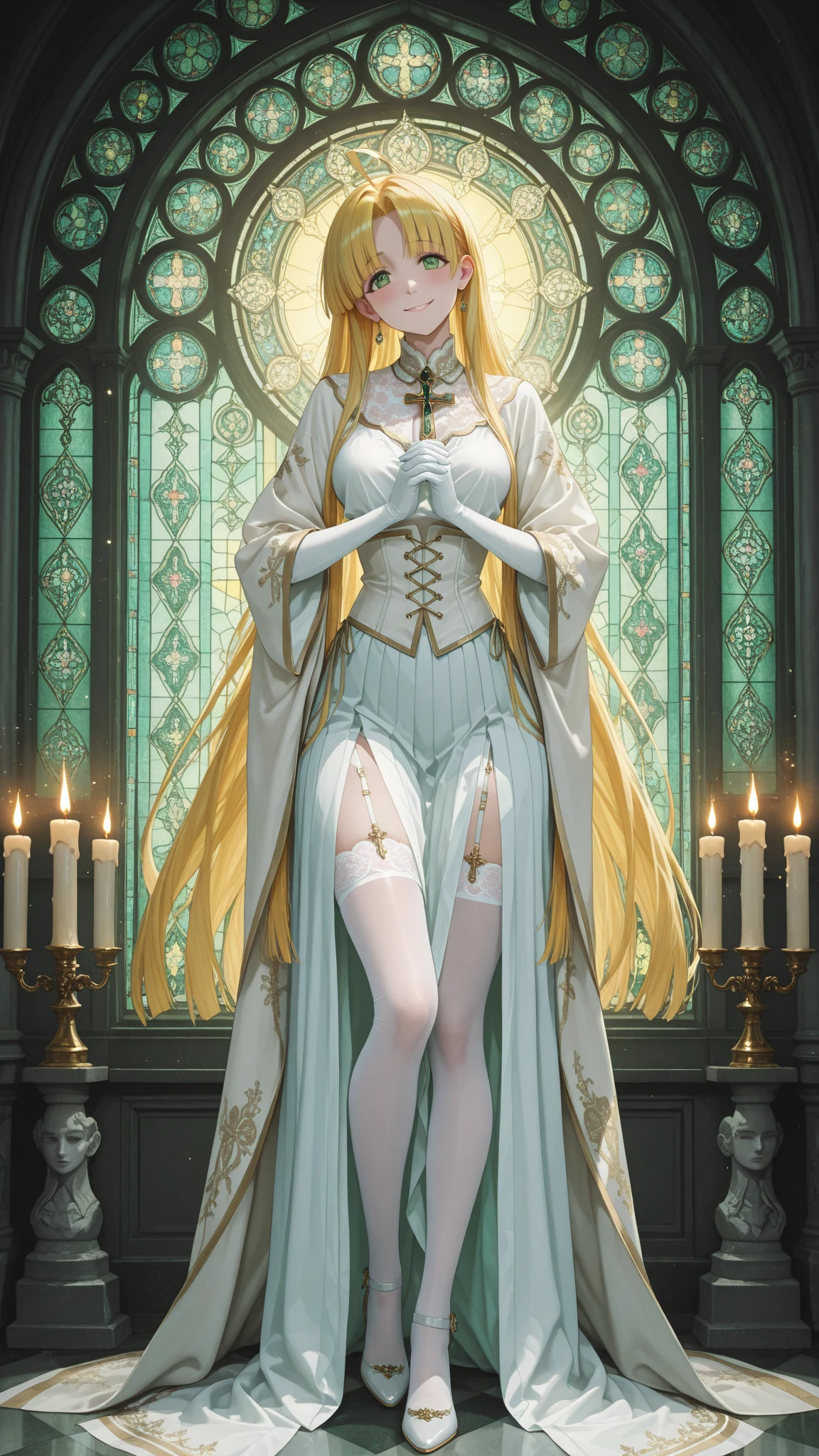 masterpiece, priestess, 1girl, best quality, {looking at viewer}, from below, {foot}, smug, crazy, d:, white long flowing robes, long hair, cathedral interior, stained glass windows, holy magic, sole, perspective, golden glow, golden light, medium_breasts, toes, full_body, altar, candles,