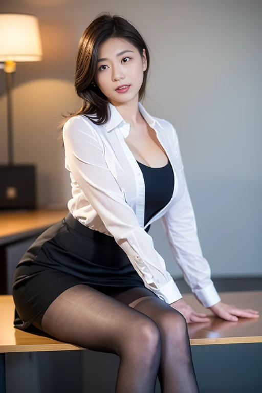 Realistic、Realistic、Collared shirt、(A long skirt, not short)、Slim and stylish woman、Detailed face、Detailed Eyes、Detailed nose、Detailed information、Highest quality、Ultra-high resolution、masterpiece、silk pantyhose、High heels、Cleavage、In the office、Sitting in a chair、Full Body Portrait、Professional Lighting、1 girl、Focus on women
