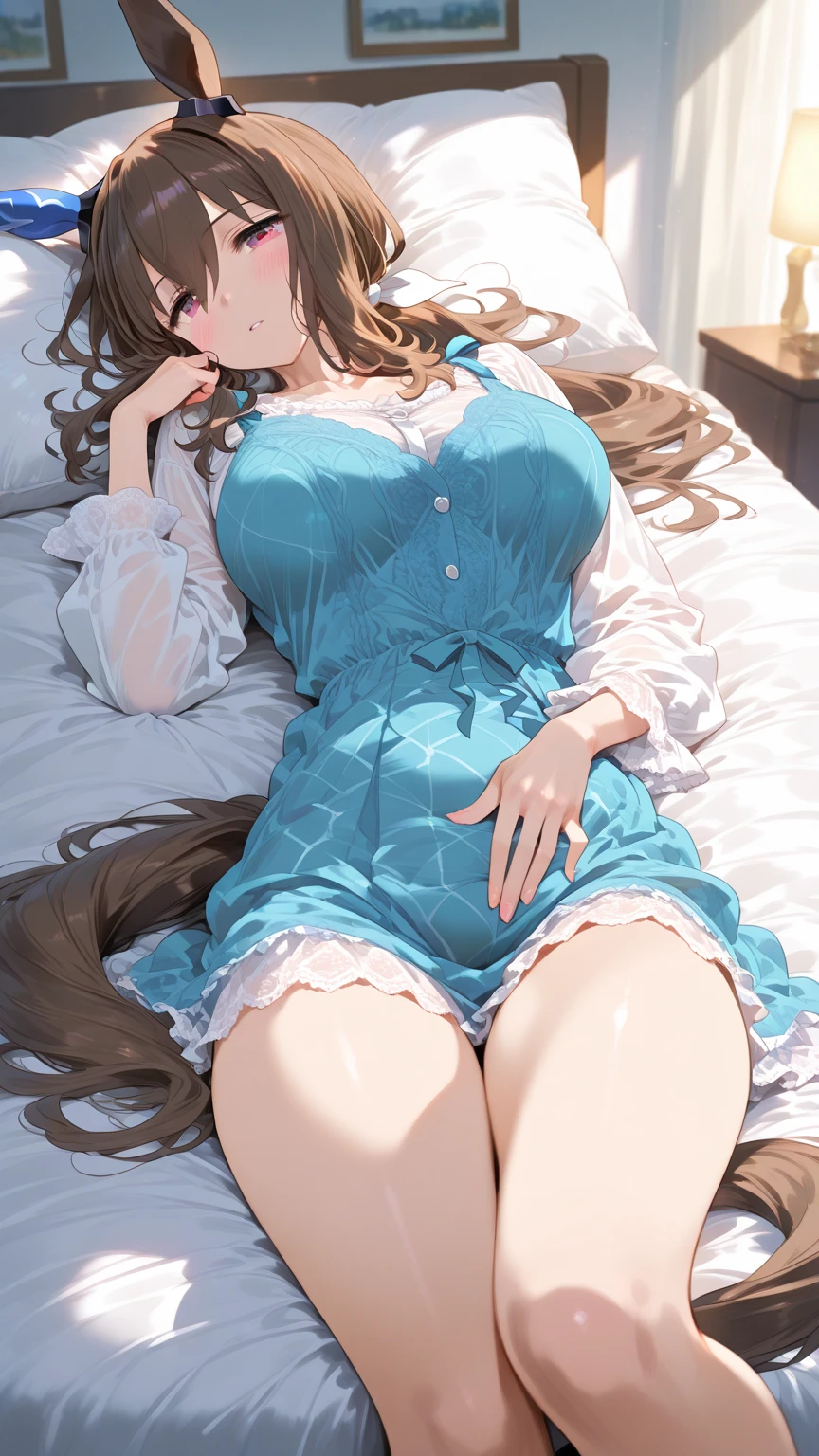 highest quality、masterpiece、Super high quality、8k、off shoulder、nurse uniform、Maid clothes、pink underwear、japanese women、long hair、big breasts、big breasts、thin waist、thin thighs、long legs、white skin、shiny young skin、sexy pose、hands behind head、valley、white panties、blush、lie down、bed、smile