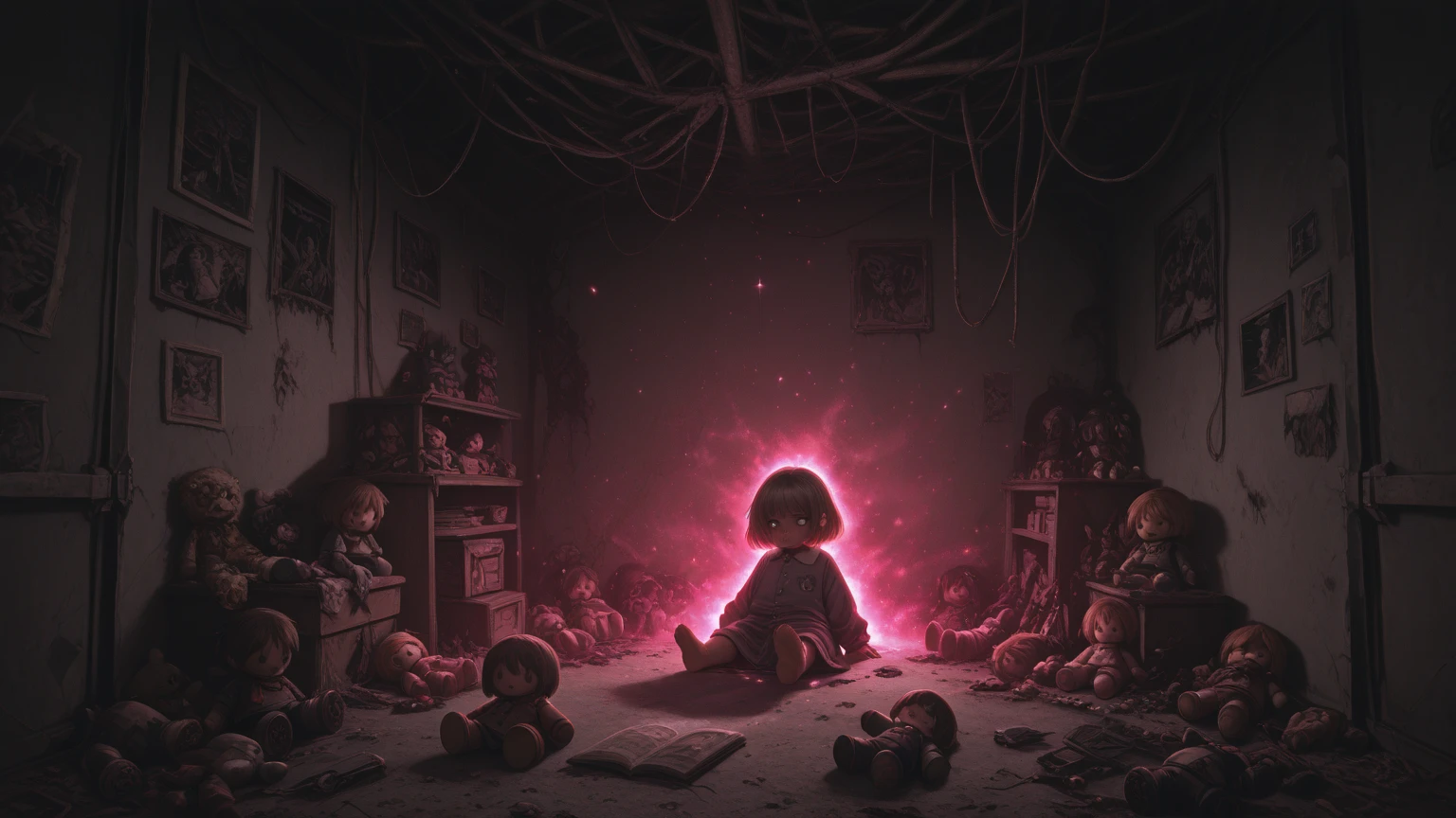 A sad adolescent girl with a lolita outfit, on her knees, holding a teddybear, in the middle of a dark purple room, monsters around her trying to grab her, trauma, nightmare