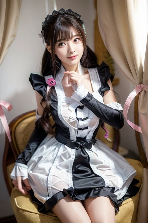 Maid cat girl with  in maid costume with short skirt and large underbust ( so that your  are completely visible), is sitting, spreading his legs,  with micro pussy