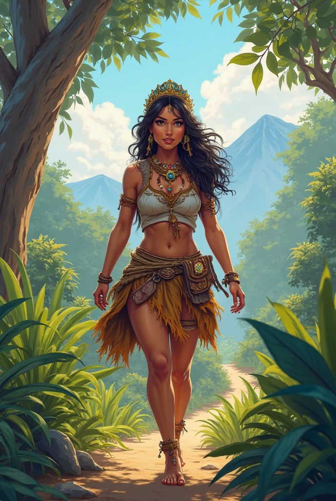 oc anime, female, human race, brown fur and a slightly strong body but not too much, long hair and dark brown eyelashes, a bit messy but straight, emerald eyes, flower crown on her head, wears an indigenous tribal leader's outfit, having a golden cape on her back, and wearing beige slippers, in addition she has a spear, and emanates a greenish aura from her body