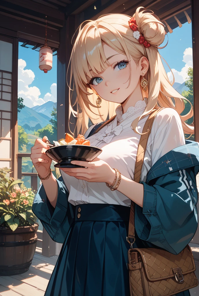 1woman,Cooking by the lake, looking away,Surprised expression ,Beautiful makeup, long eyelashes,early in the morning,stunning,half body photo, very detailed face,cute,,HD face, perfect face,Short white dress, pink cardigan,very big breasts,Blonde hair,blonde hair,blonde,bangs,long hair, straight hair,ultra detail,ultra Hd, masterpiece,4k