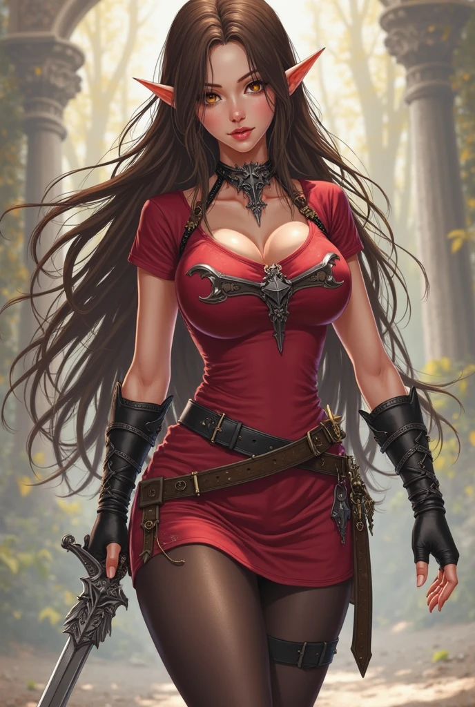 Gorgeous and sultry busty athletic (happy) brunette with sharp facial features, long hair, large breasts wearing a renaissance dress, off-shoulder, corset, red dress, In a renaissance fair, medieval village, forest.