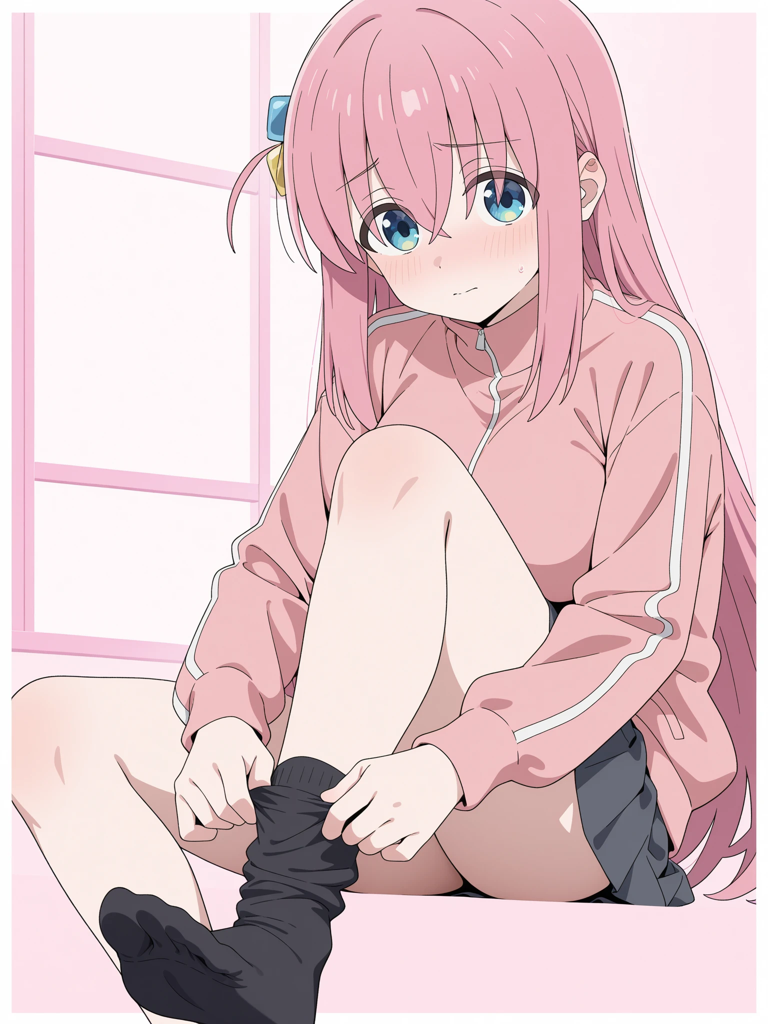 1girl, bangs, blue eyes, blush, breasts, cube hair ornament, foreshortening, grey skirt, hair between eyes, hair ornament, jacket, kneehighs, legs, long hair, long sleeves, looking at viewer, medium breasts, one side up, open mouth, pink hair, pink jacket, sitting, skirt, smile, socks, solo, track jacket,  <lora:gotou_hitori:1>
