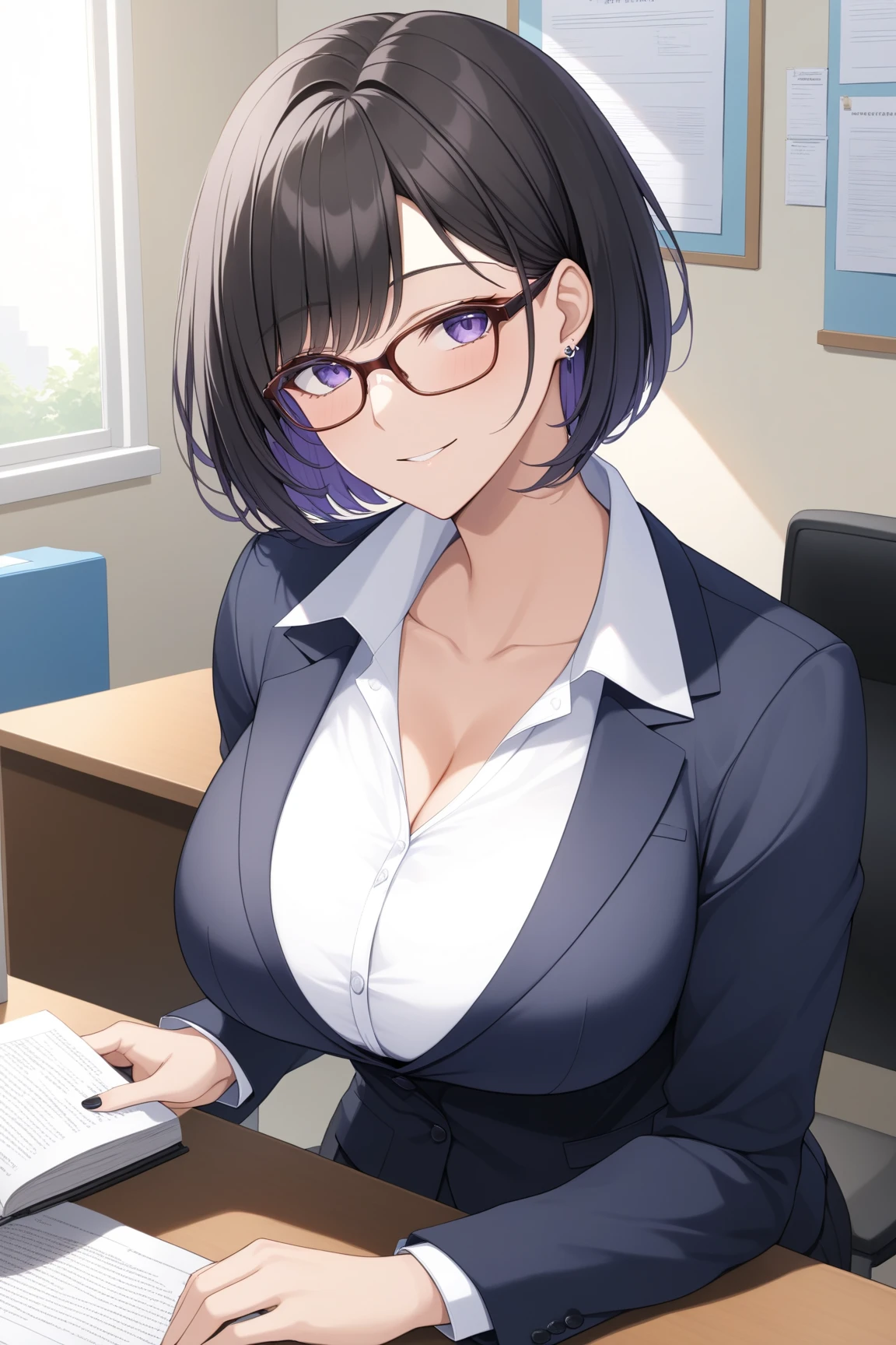Company Office,There are a lot of papers, Computers and writing utensils around,Sharp woman with glasses,Officelady,Standing with a binder in hand, Lean forward so that you can see your cleavage,Brown hair,Orange Eyes,Black fishnet tights,White and red and purple and black,Reddish cheeks,A smile,heart mark,Smokexxx,Scooped up hair,Moles under the eyes